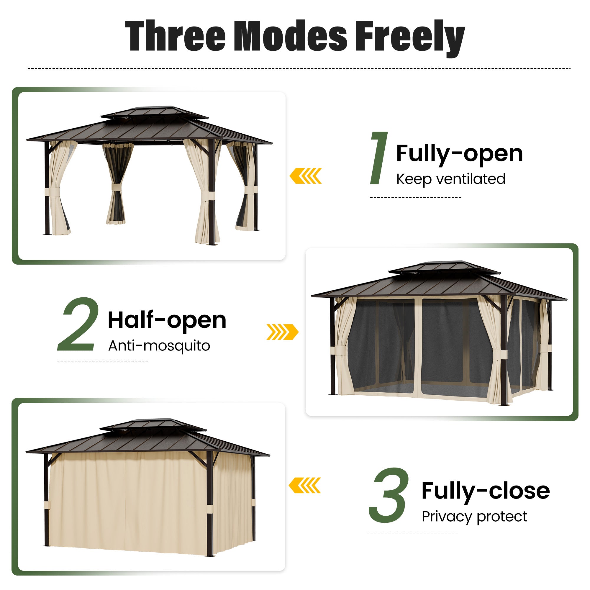 UDPATIO 10x12 Hardtop Gazebo, Aluminum Frame with Double Galvanized Steel Roof, Hard Top Patio Outdoor Metal Gazebos, Permanent Gazebo with Mosquito Netting and Curtain for Backyard, Deck, Beige