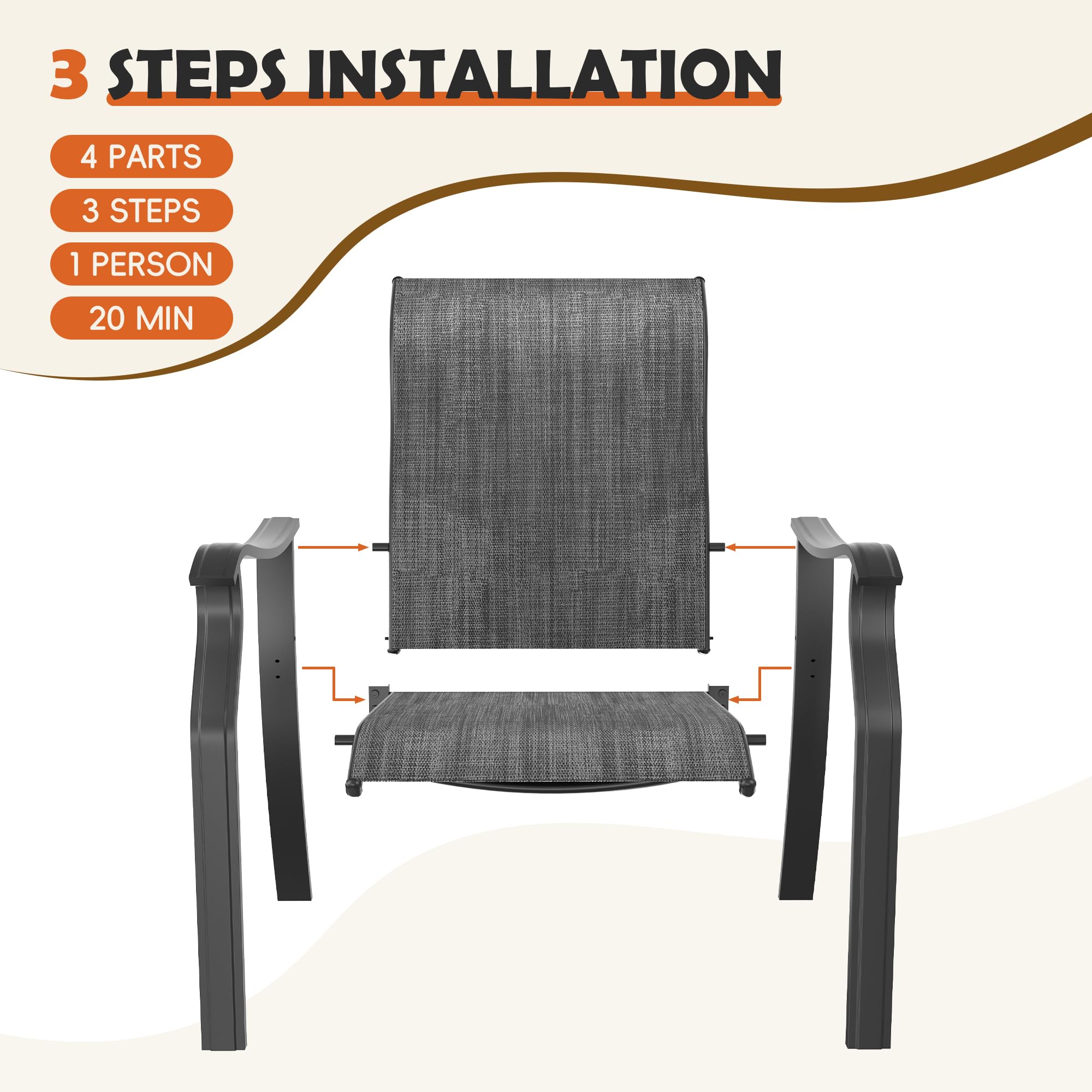 UDPATIO Patio Dining Chairs Set of 2, High Back Wide Seat Outdoor Furniture Chairs with All Weather Breathable Textilene, for Lawn Garden Backyard Deck, Dark Grey