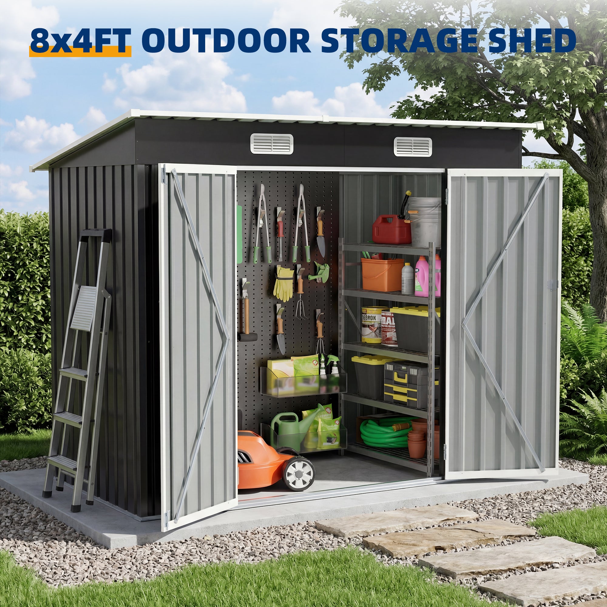 UDPATIO Storage Shed with Floor, 8X4 FT Metal Sheds & Outdoor Storage with Sloping Roof & Lockable Door for Bicycle, Tool in Patio Lawn, Garden, Backyard, Grey