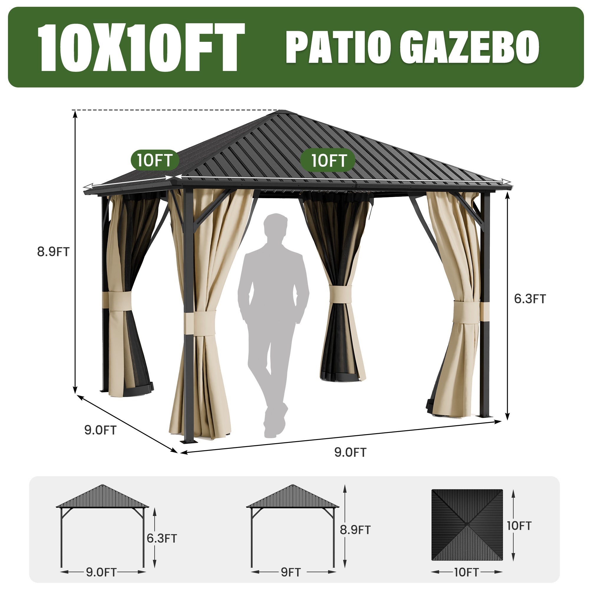 UDPATIO 10x10 Hardtop Gazebo, Metal Gazebo with Galvanized Steel Roof, Hard Top Patio Gazebos, Outdoor Permanent Gazebo with Mosquito Netting and Curtain for Backyard, Deck, Porch, Lawns, Beige