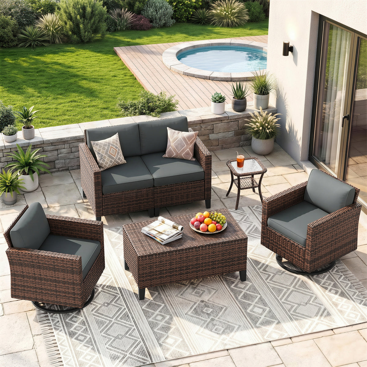 UDPATIO Patio Furniture Set, 6 Pieces Outdoor Furniture Sets with Rocking Swivel Chairs, Wicker Rattan Outdoor Conversation Set with Storage Table and Waterproof Covers for Backyard, Deck, Porch