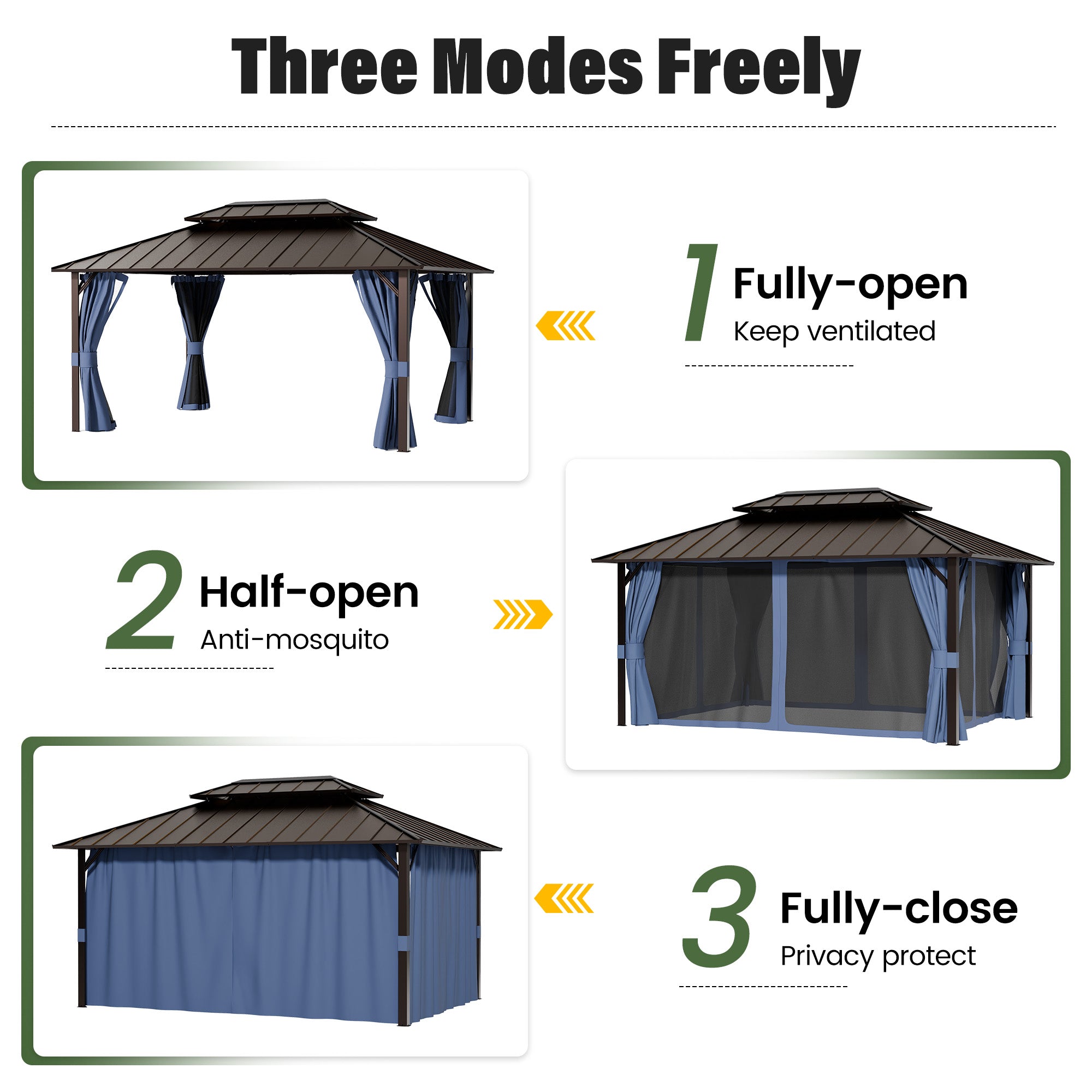 UDPATIO 12x16  Hardtop Gazebo, Aluminum Frame with Double Galvanized Steel Roof, Hard Top Patio Outdoor Metal Gazebos, Permanent Gazebo with Mosquito Netting and Curtain for Backyard, Deck, Navy Blue
