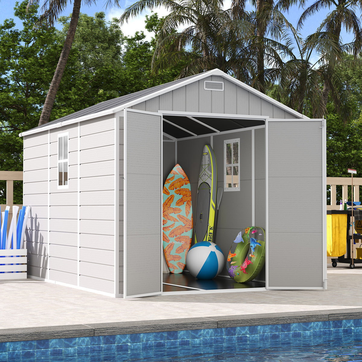 UDPATIO Resin Storage Shed 8 x 10 FT, Outdoor Garden Sheds with Floor Plastic Patio Outdoor Storage with Lockable Door for Bike, Garbage Sandstone