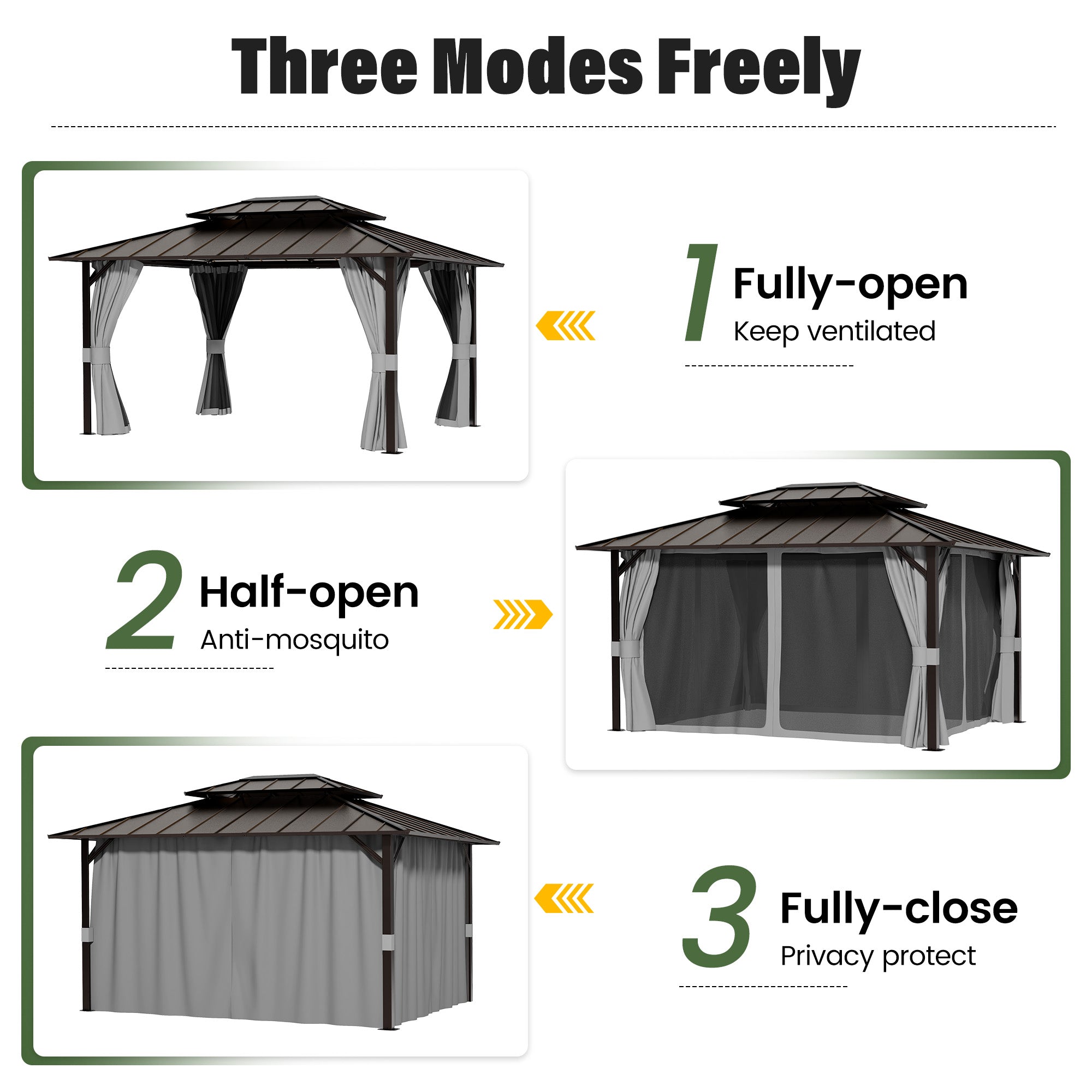 UDPATIO 10x12 Hardtop Gazebo, Aluminum Frame with Double Galvanized Steel Roof, Hard Top Patio Outdoor Metal Gazebos, Permanent Gazebo with Mosquito Netting and Curtain for Backyard, Deck, Porch, Gray