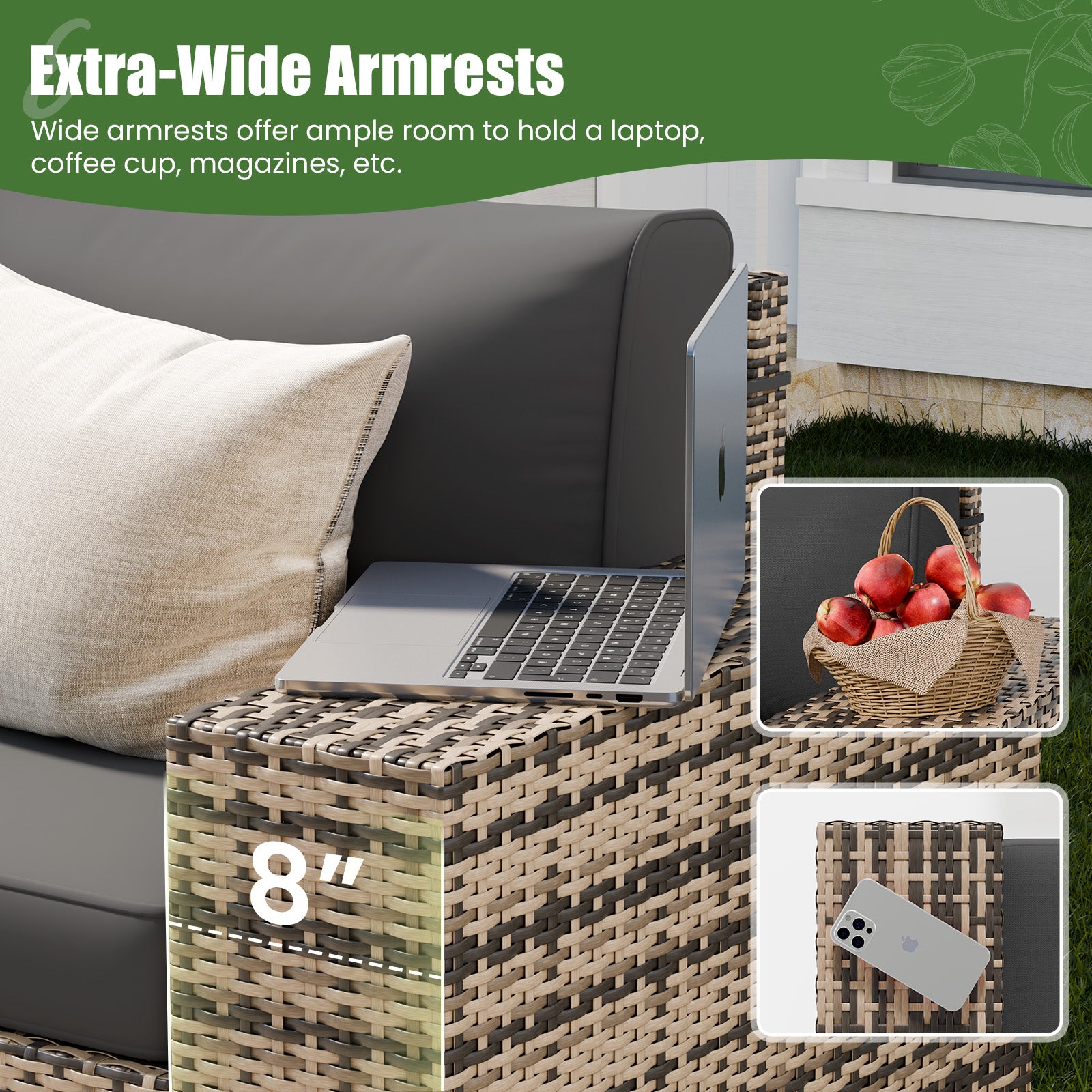 UDPATIO Patio Furniture Set with Fire Pit Table, 8 Inch Armrest Outdoor Sectional Sofas, 6 Piece All-Weather Wicker Conversation for Garden, Backyard