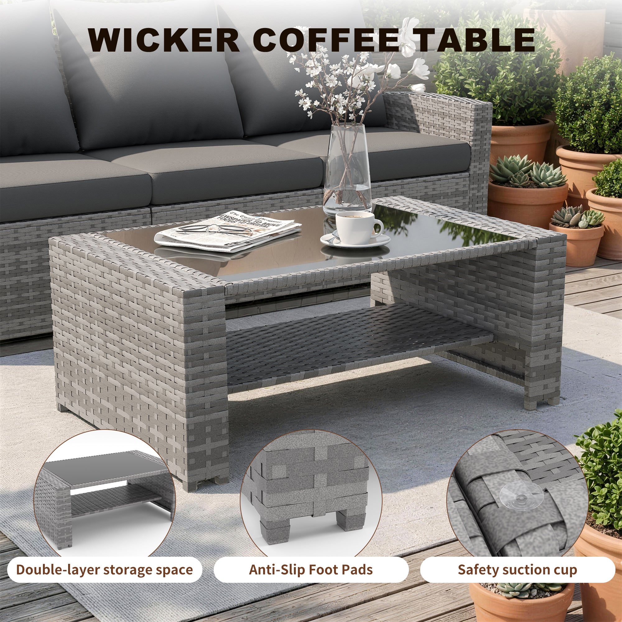 UDPATIO Wicker Patio Furniture Set，Gray PE Rattan Patio Sofa Set with coffee table,Outdoor Sectional Conversation Sets for Balcony, Porch, Backyard, Gray
