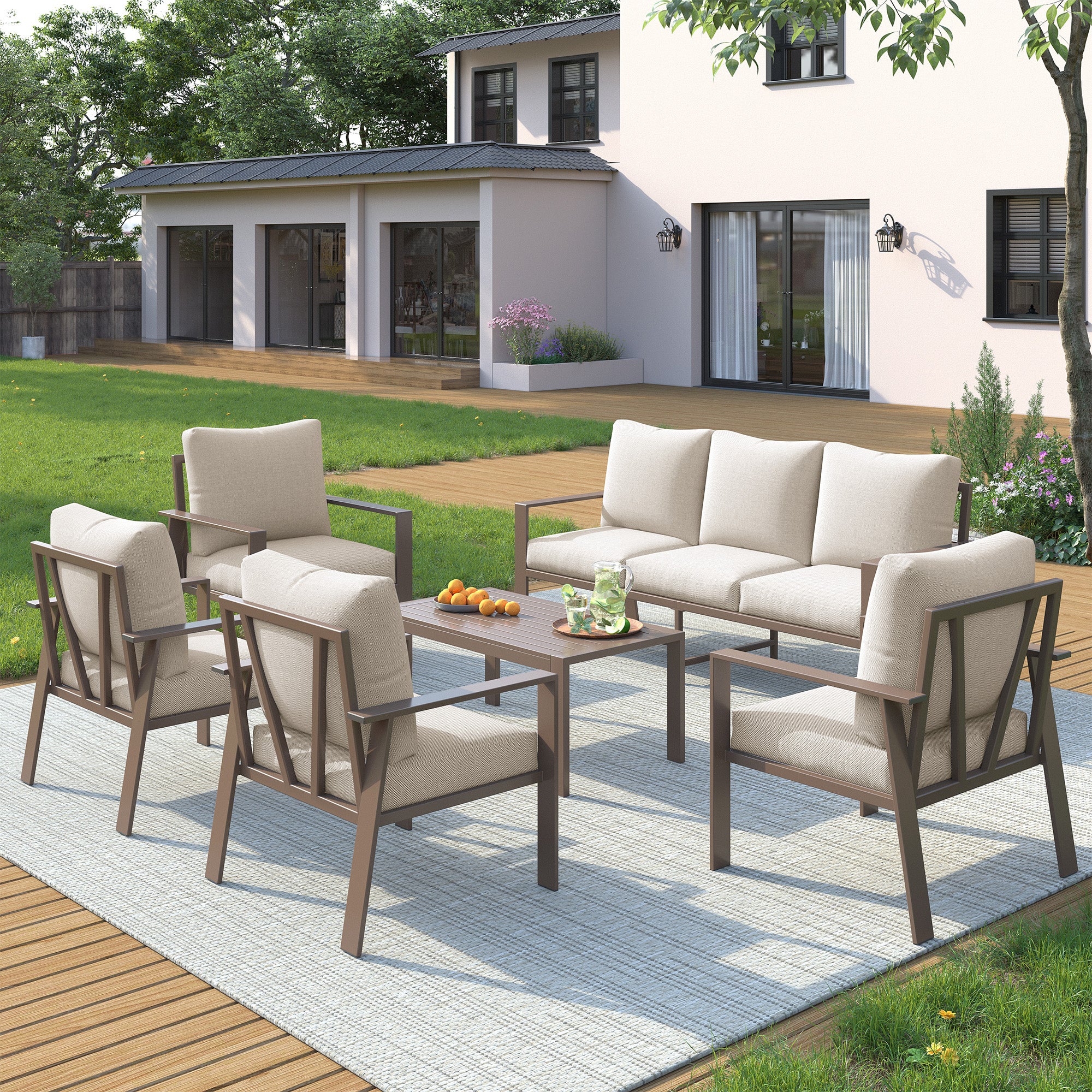 UDPATIO 5 Pieces Aluminum Patio Furniture Set, 7-Seat Metal Outdoor Furniture Set with 4" Water-Resistant Cushion & Coffee Table,  Patio Conversation Sets for Porch, Deck, Garden