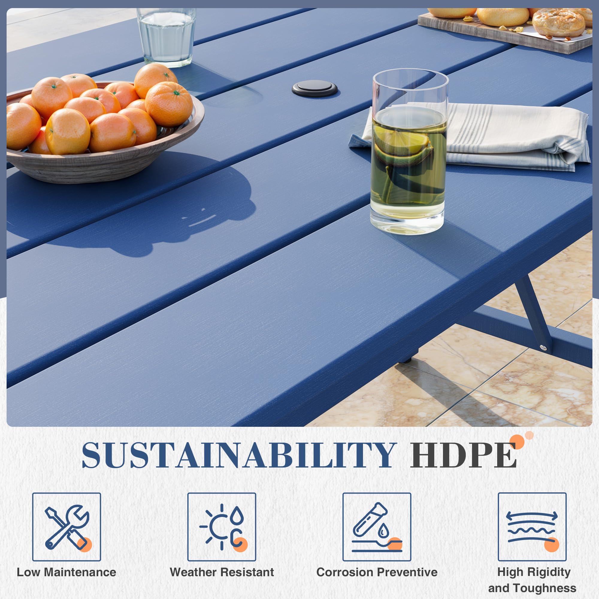 UDPATIO 7 Pieces Patio Table and Chairs Set, HDPE Weather Resistant Patio Dining Set with 1.65" Umbrell Hole, All Weather Outdoor Dining Table with 6 Patio Chairs, Blue