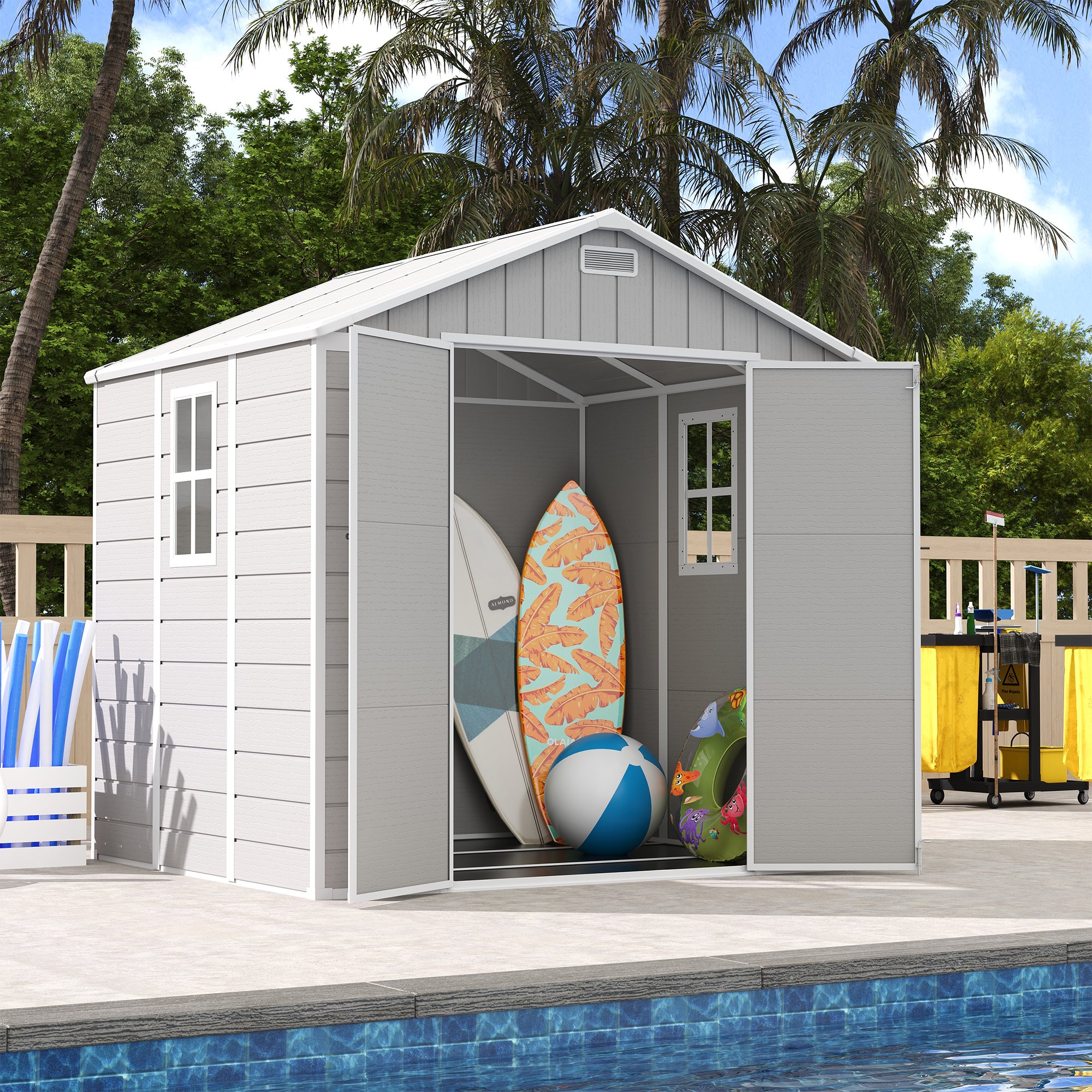 UDPATIO Resin Storage Shed 8 x 6 FT, Outdoor Garden Sheds with Floor Plastic Patio Outdoor Storage Shed with Lockable Door, Sandstone
