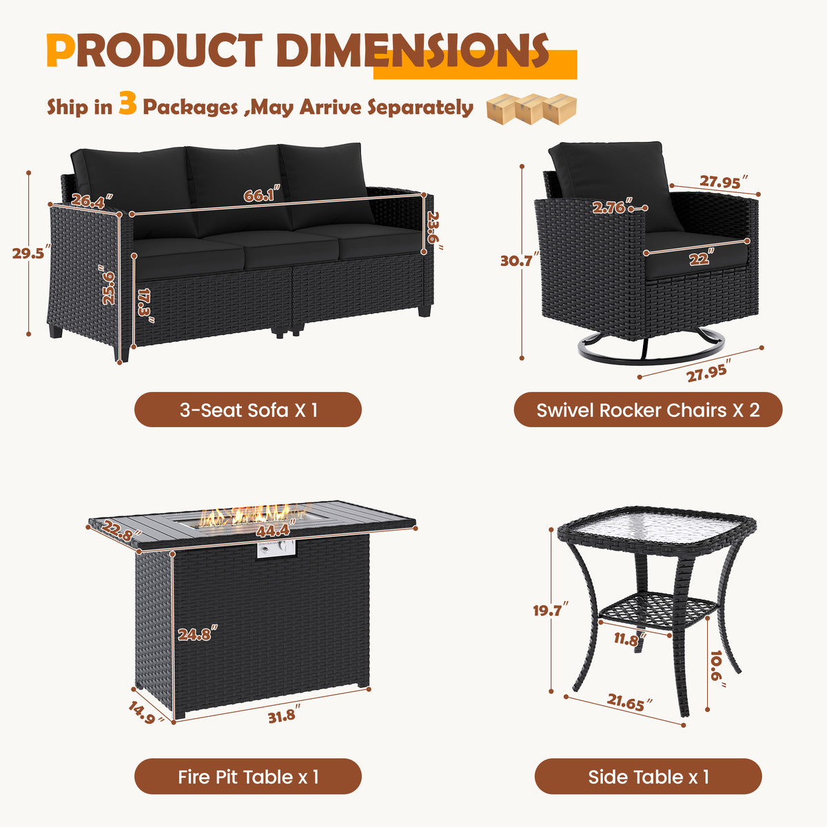 UDPATIO Patio Furniture Set with Swivel Rocking Chair 44" Fire Pit Table