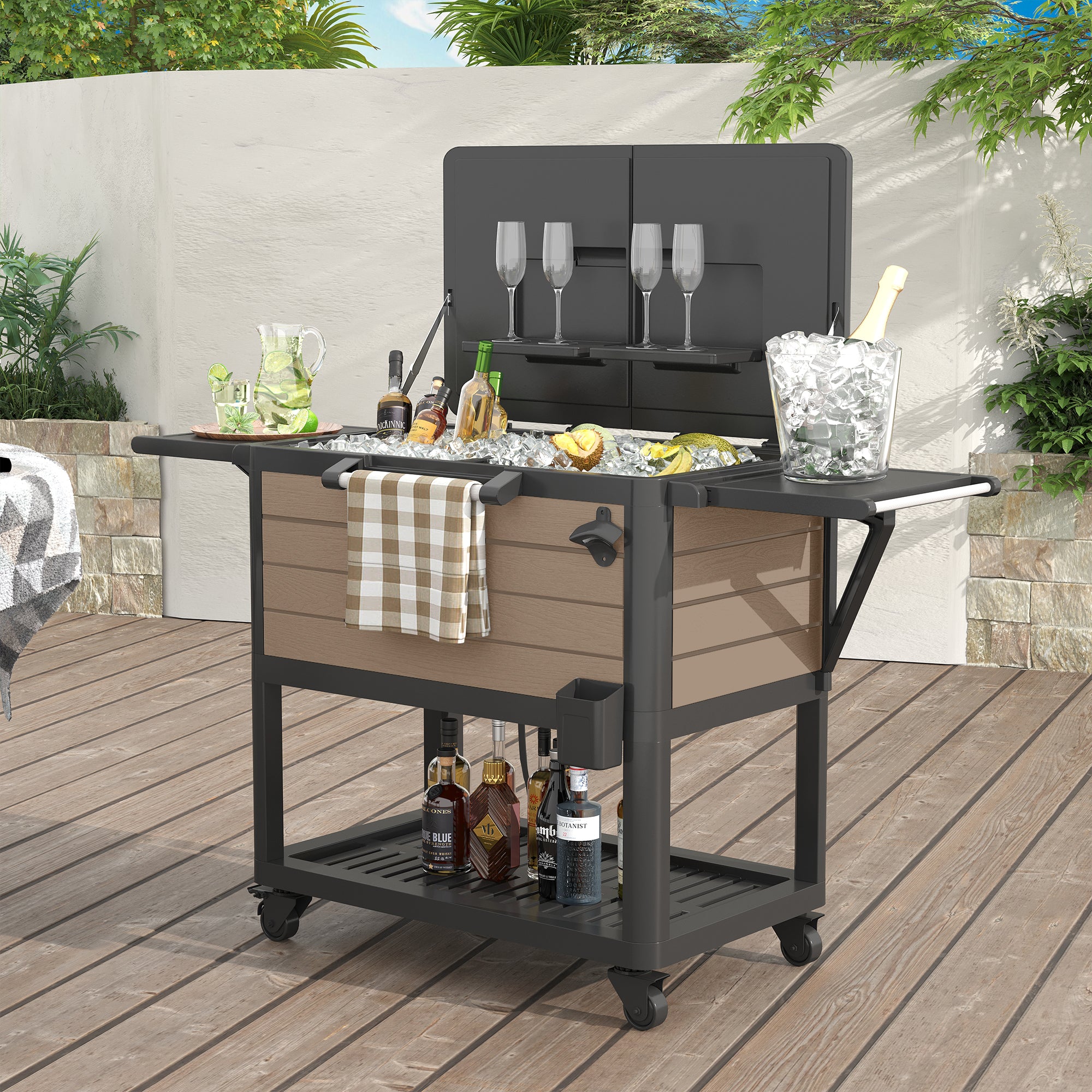 Patio Cooler Cart with Wheels, 104 Qt Portable Rolling Ice Chest, Outdoor Beverage Bar Cart with Handles for Pool, Deck, BBQ, Cookouts Party-Brown