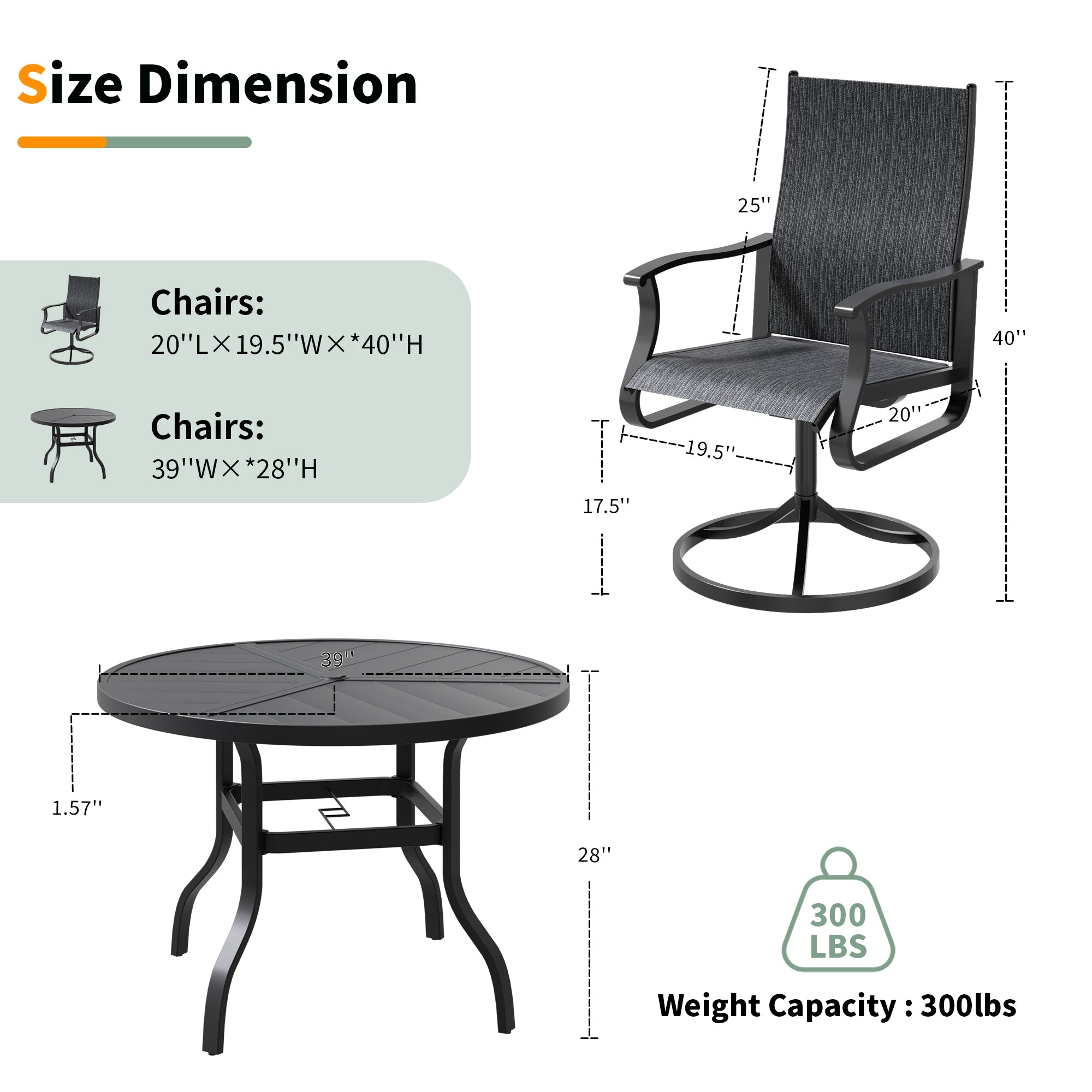 UDPATIO 5 Piece Outdoor Patio Dining Set with 39" Round Table & 4 Outdoor Swivel Rocker Dining Chairs with All Weather Textilene High Back & Metal Frame, Outdoor Table and Chair Set for Lawn, Backyard