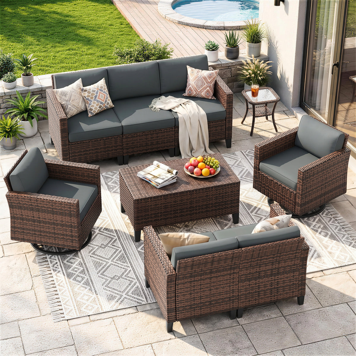 UDPATIO Patio Furniture Set, 9 Pieces Outdoor Furniture Sets with Rocking Swivel Chairs, Wicker Rattan Outdoor Conversation Set with Storage Table and Waterproof Covers for Backyard, Deck, Porch