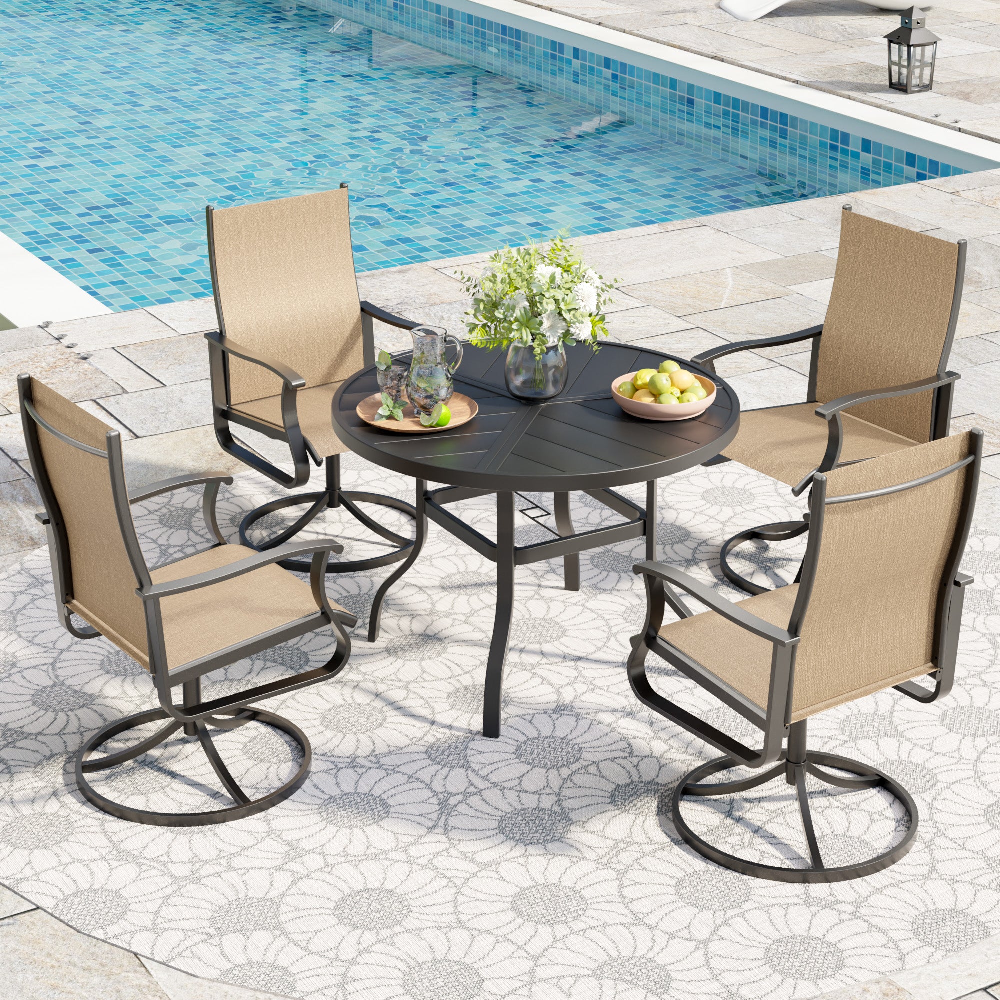 UDPATIO 5 Piece Outdoor Patio Dining Set with 39" Round Table & 4 Outdoor Swivel Rocker Dining Chairs with All Weather Textilene High Back & Metal Frame, Outdoor Table and Chair Set for Lawn, Backyard