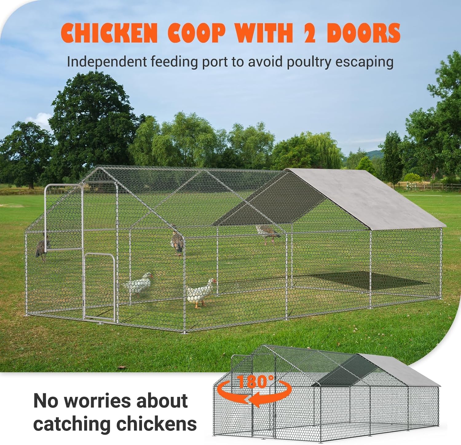 UDPATIO Extra Large Metal Chicken Run with Waterproof & Anti-Ultraviolet Cover, Hen Pen Walk-in Chicken Coops for Yards Dog Kennel Duck House Poultry Cage for Duck Rabbit Goat(18x10x6 FT)