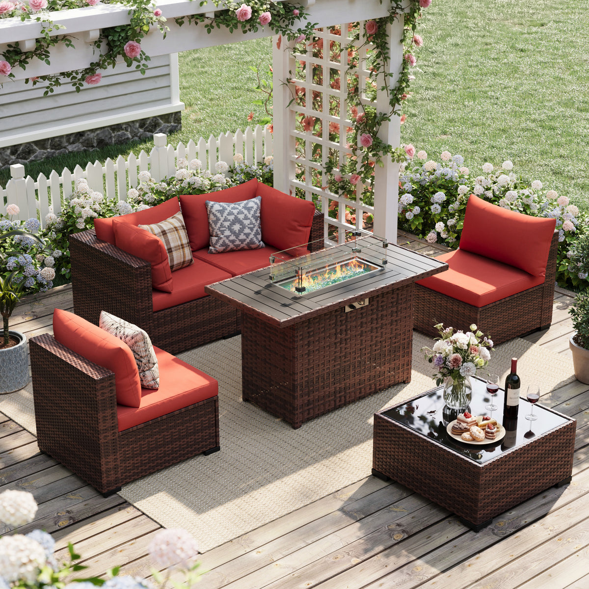 UDPATIO Patio Furniture Sets, Modular Rattan Outdoor Patio Sectional Furniture with 44" Fire Pit Table,, Wicker Patio Conversation Set for Backyard, Deck, Poolside w/Glass Coffee Table, 5PC Wine Red