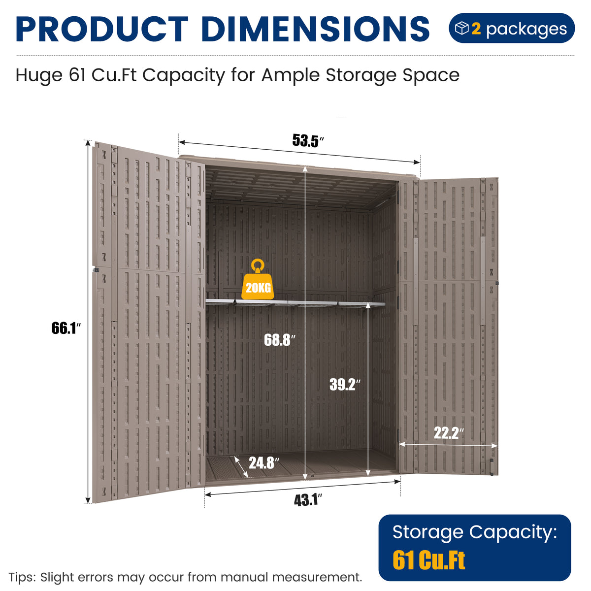 UDPATIO 61 Cu.Ft Vertical Outdoor Storage Shed, HDPE Resin Sheds,Brown
