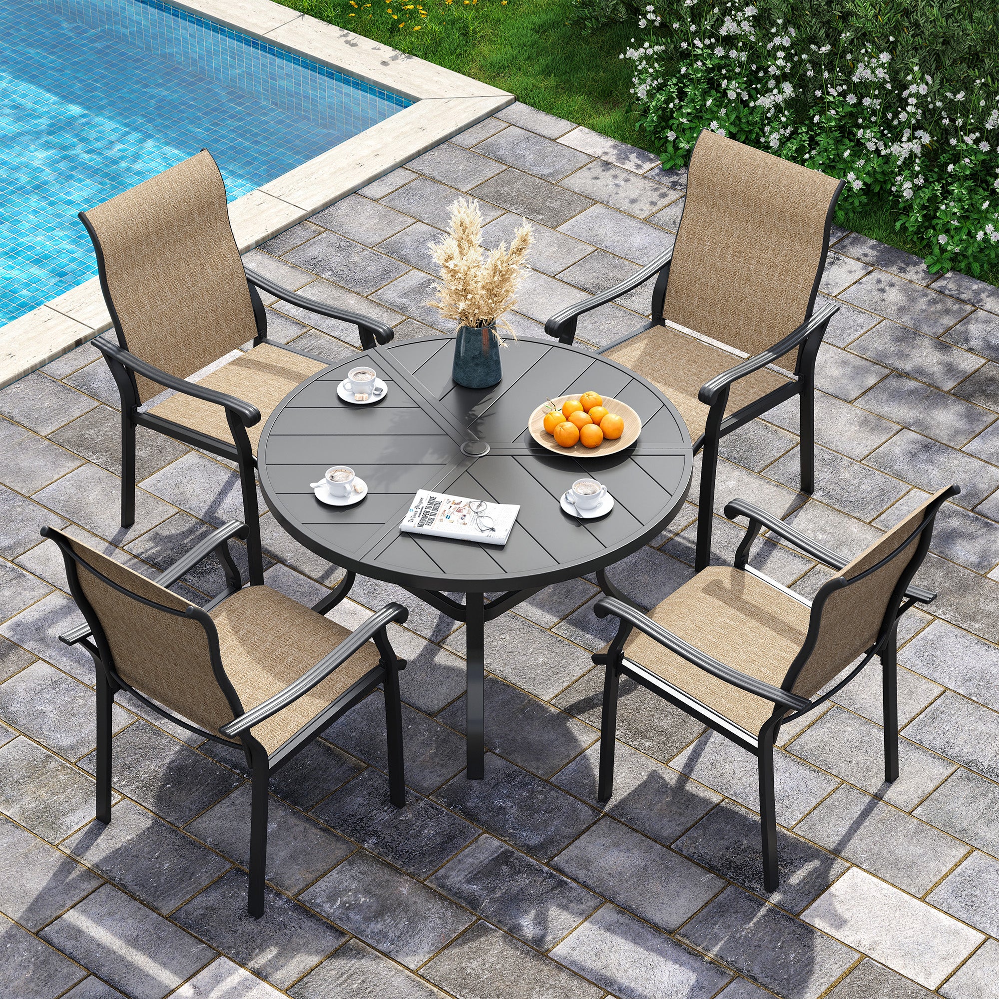UDPATIO 5 Piece Patio Dining Set for 4, Patio Outdoor Table and Chairs, 39" Black Round Table with Umbrella Hole, Brown Patio Chairs, Patio Dining Set Outdoor Dining Set for Lawn, Backyard, Deck