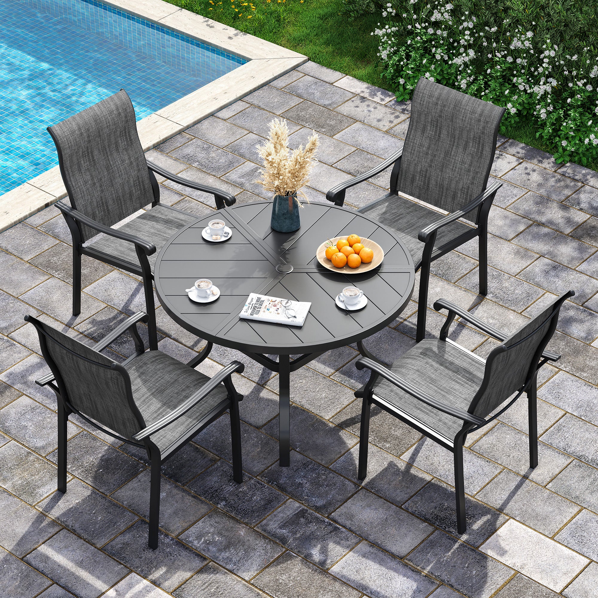 UDPATIO 5 Piece Patio Dining Set for 4, Patio Outdoor Table and Chairs, 39" Black Round Table with Umbrella Hole, Gray Patio Chairs, Patio Dining Set Outdoor Dining Set for Lawn, Backyard, Deck