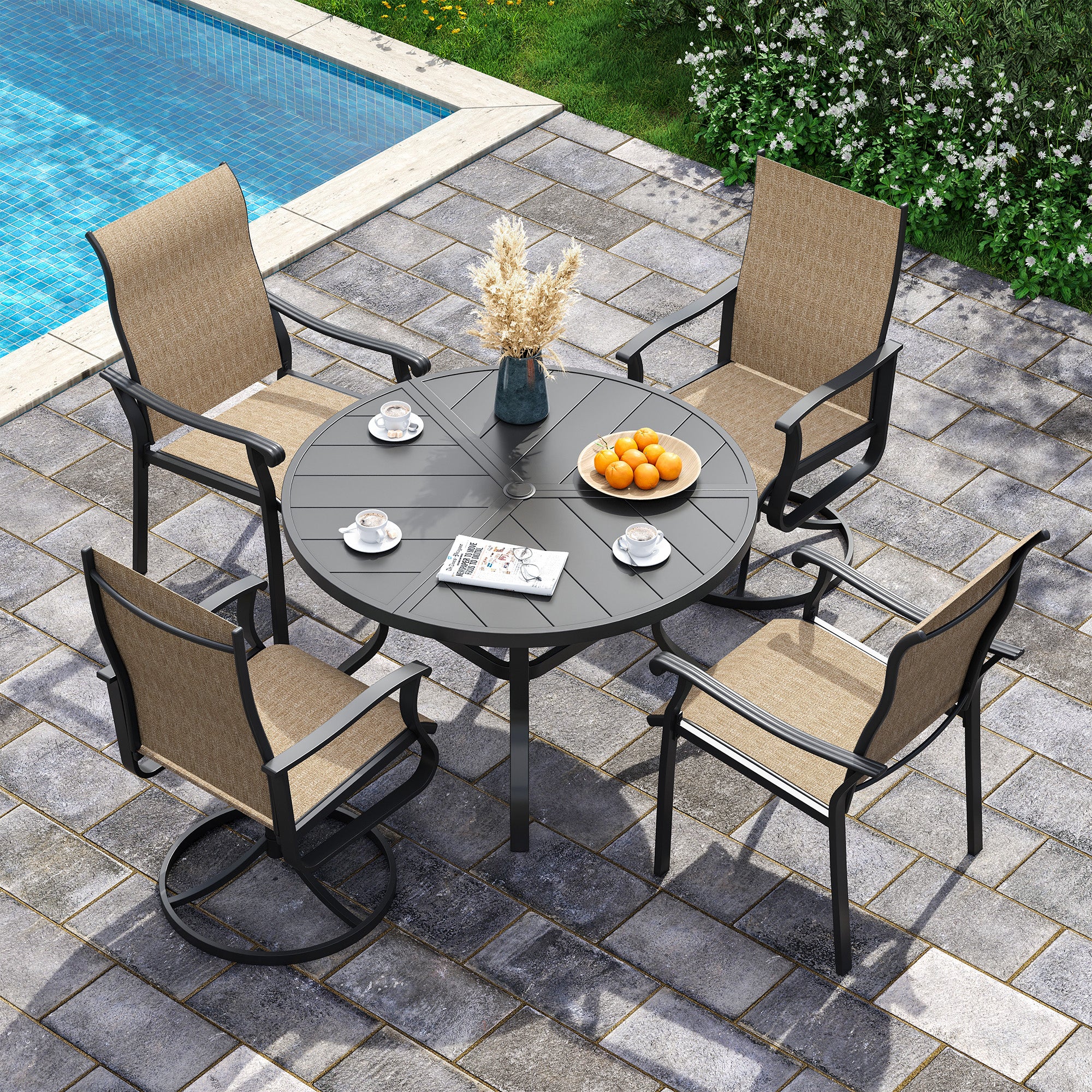 UDPATIO 5 Piece Patio Dining Set for 4, Patio Outdoor Table and Chairs, 39" Black Round Table with Umbrella Hole, Brown Patio Chairs, Patio Dining Set Outdoor Dining Set for Lawn, Backyard, Deck