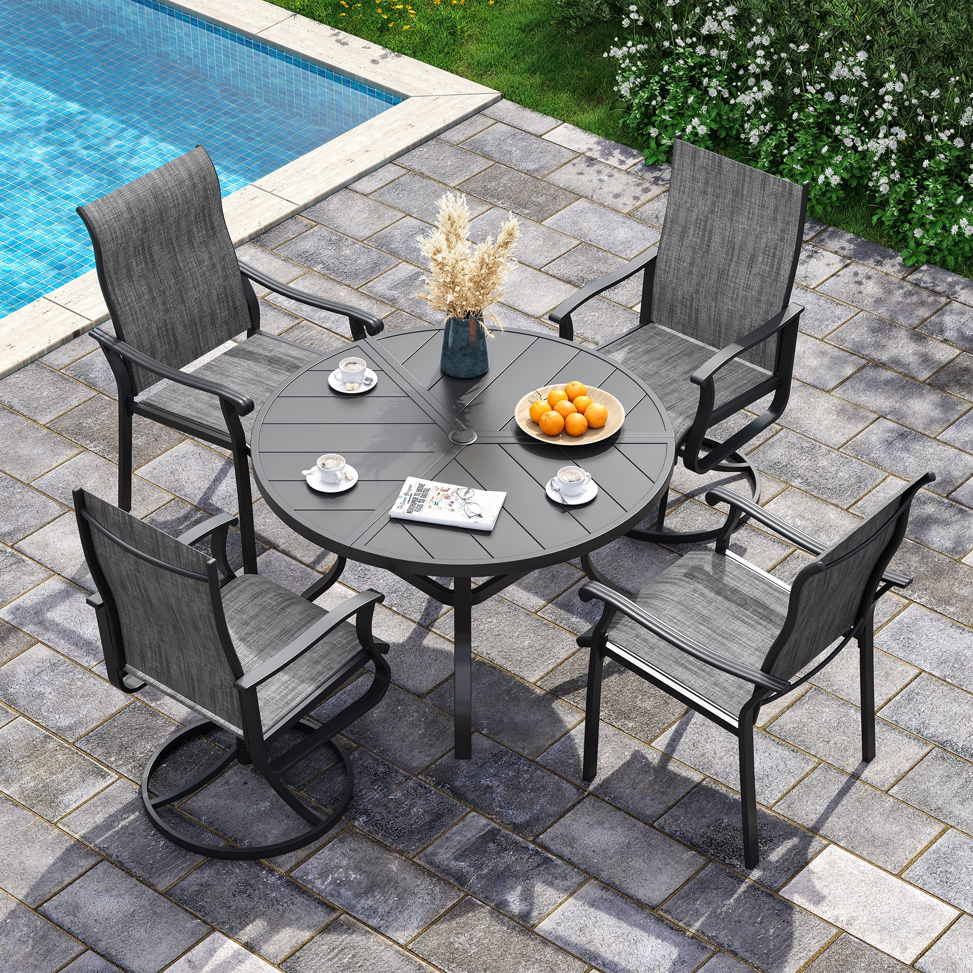 UDPATIO 5 Piece Patio Dining Set for 4, Patio Outdoor Table and Chairs, 39" Black Round Table with Umbrella Hole, Gray Patio Chairs, Patio Dining Set Outdoor Dining Set for Lawn, Backyard, Deck