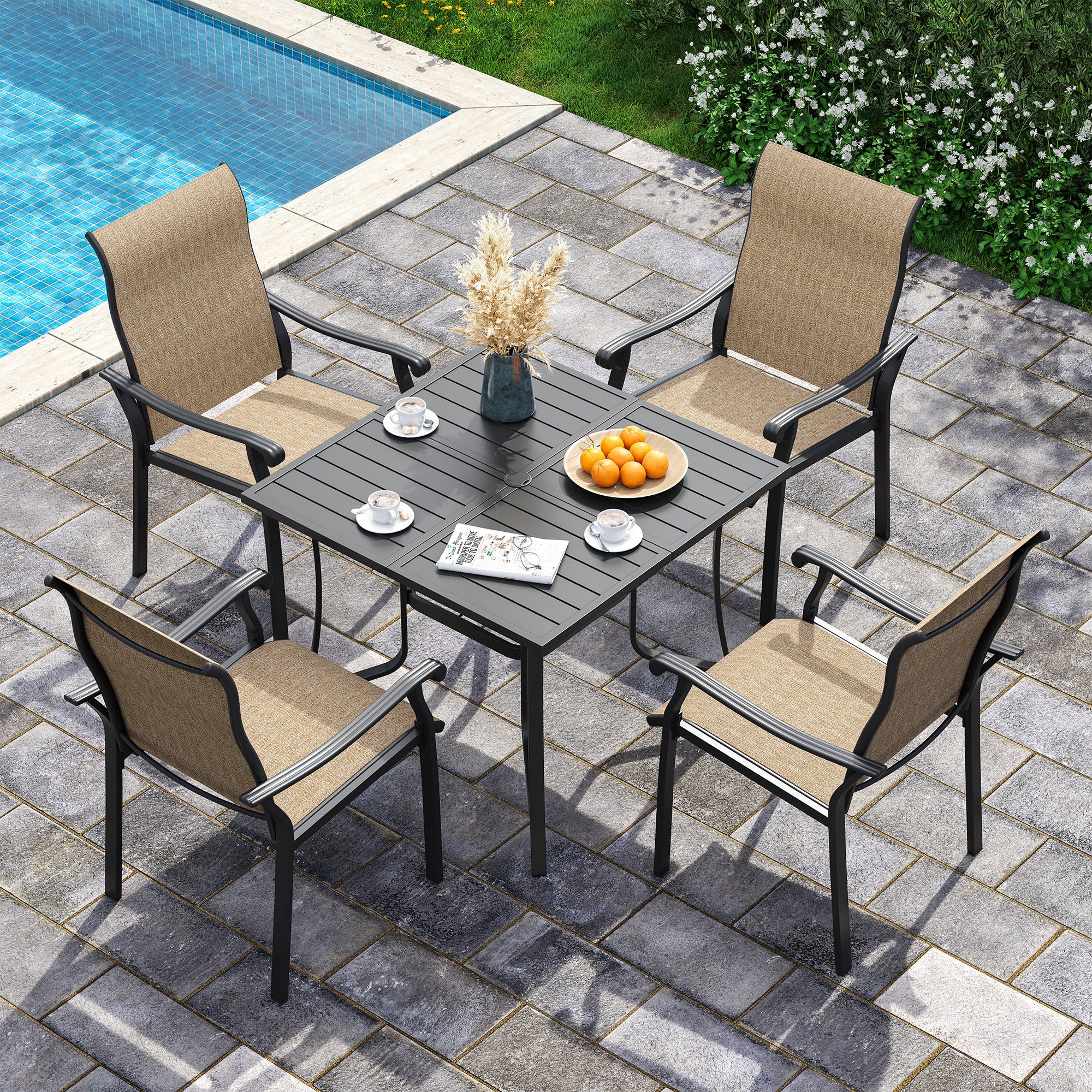 UDPATIO 5 Piece Patio Dining Set for 4, 37" Black Square Table with Umbrella Hole, Metal Brown Patio Chairs Set of 6, Patio Outdoor Table and Chair Set, Outside Dining Set for Lawn, Backyard