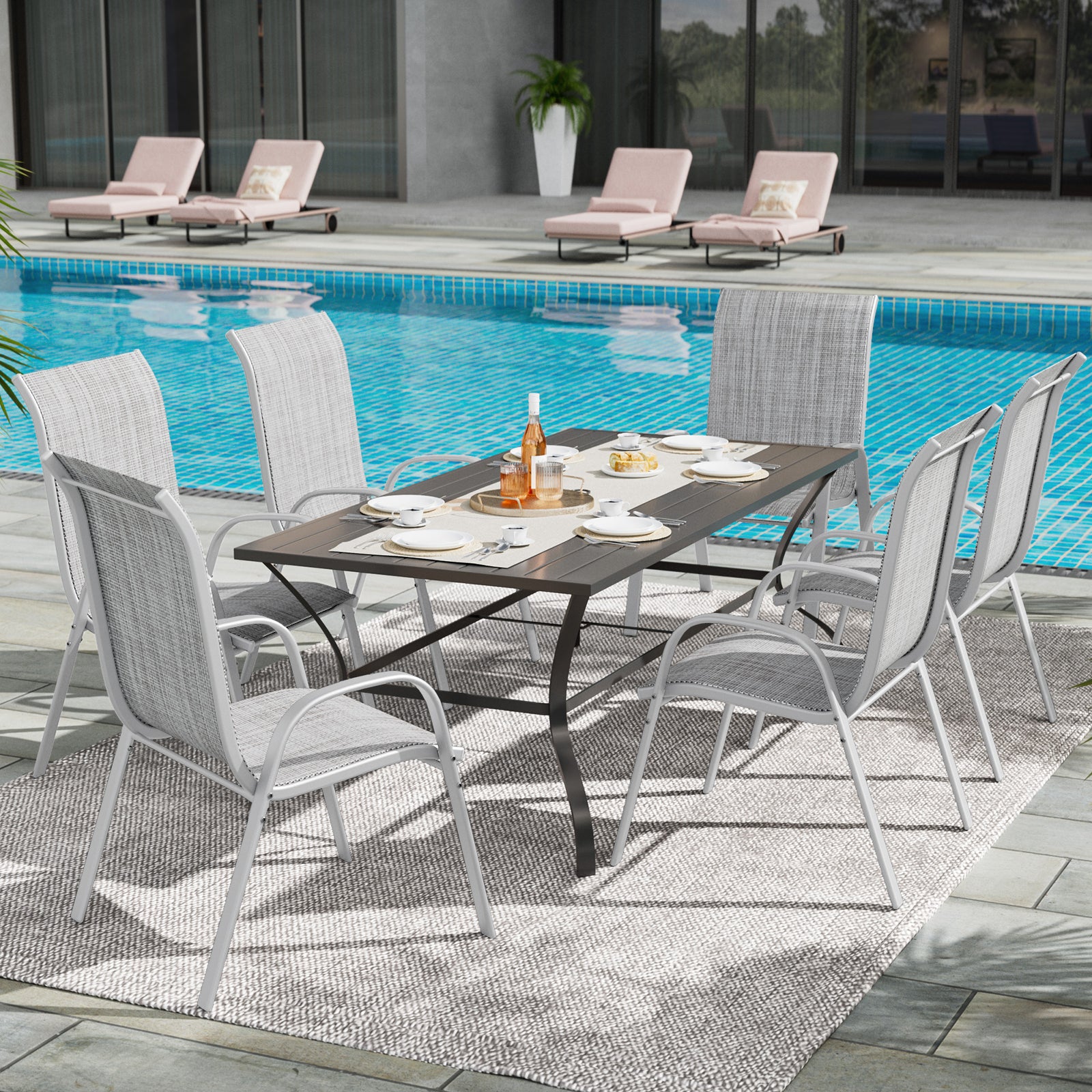 UDPATIO Patio Chairs Set of 6, Stackable Silver Outdoor Dining Chairs with High Back, Breathable Textilene Fabric Outdoor Chair All Weather, 350LBS Capacity for Garden, Backyard (Light Grey)