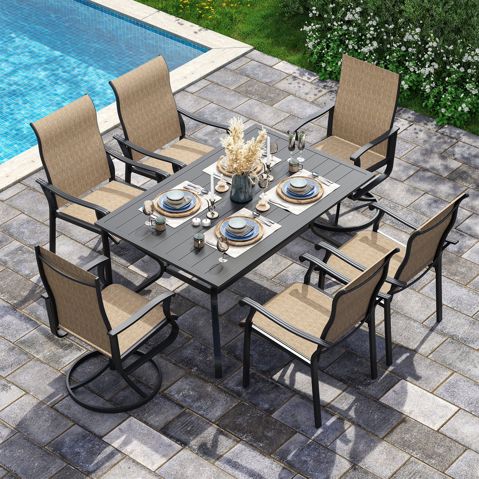 UDPATIO 7 Piece Patio Dining Set for 6, Patio Outdoor Table and Chairs, 59"×38" Black Table with Umbrella Hole, Brown Patio Chairs, Patio Outdoor Dining Set for Lawn, Backyard, Deck