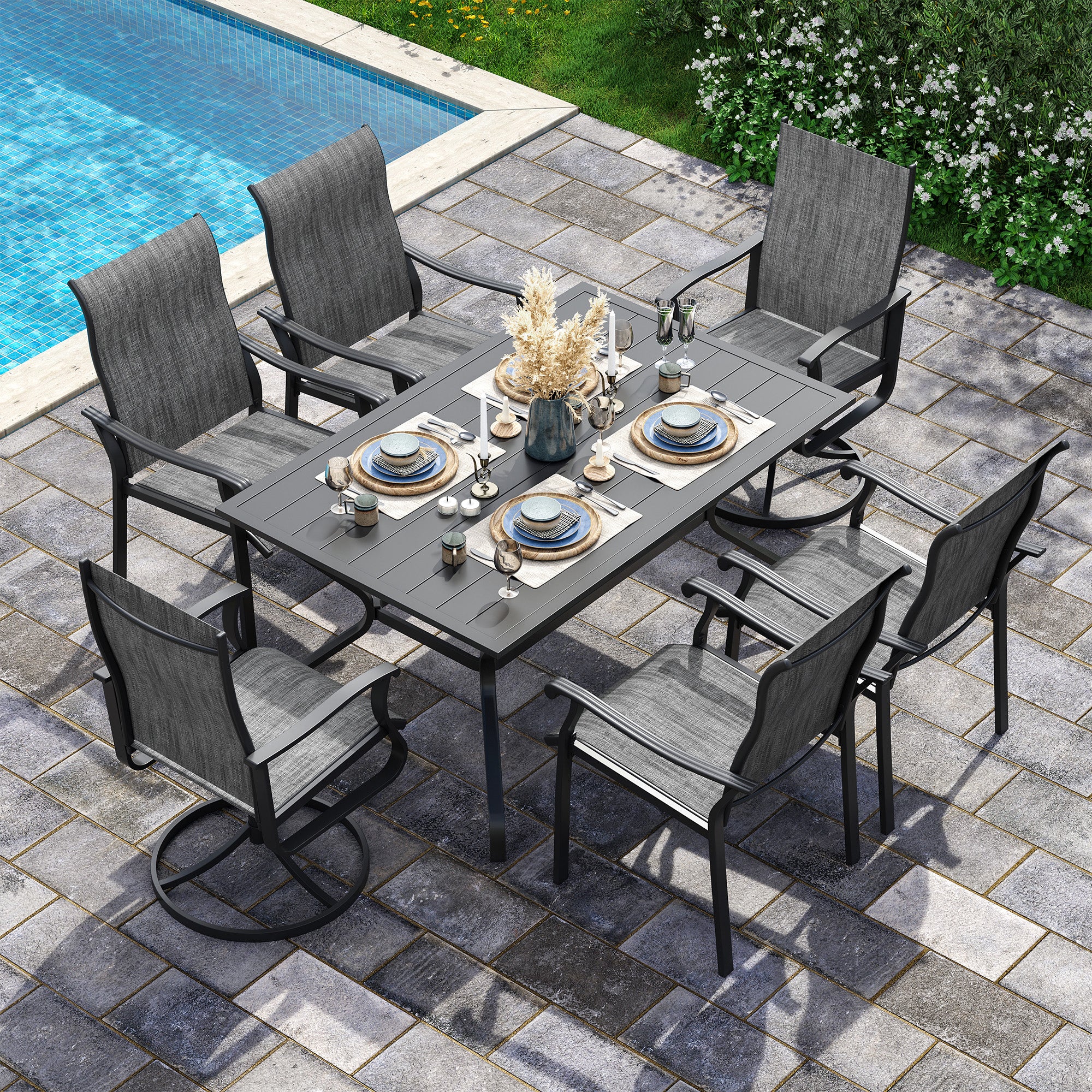 UDPATIO 7 Piece Patio Dining Set for 6, Patio Outdoor Table and Chairs, 59"×38" Black Table with Umbrella Hole, Gray Patio Chairs Set of 6, Patio Outdoor Dining Set for Lawn, Backyard, Deck