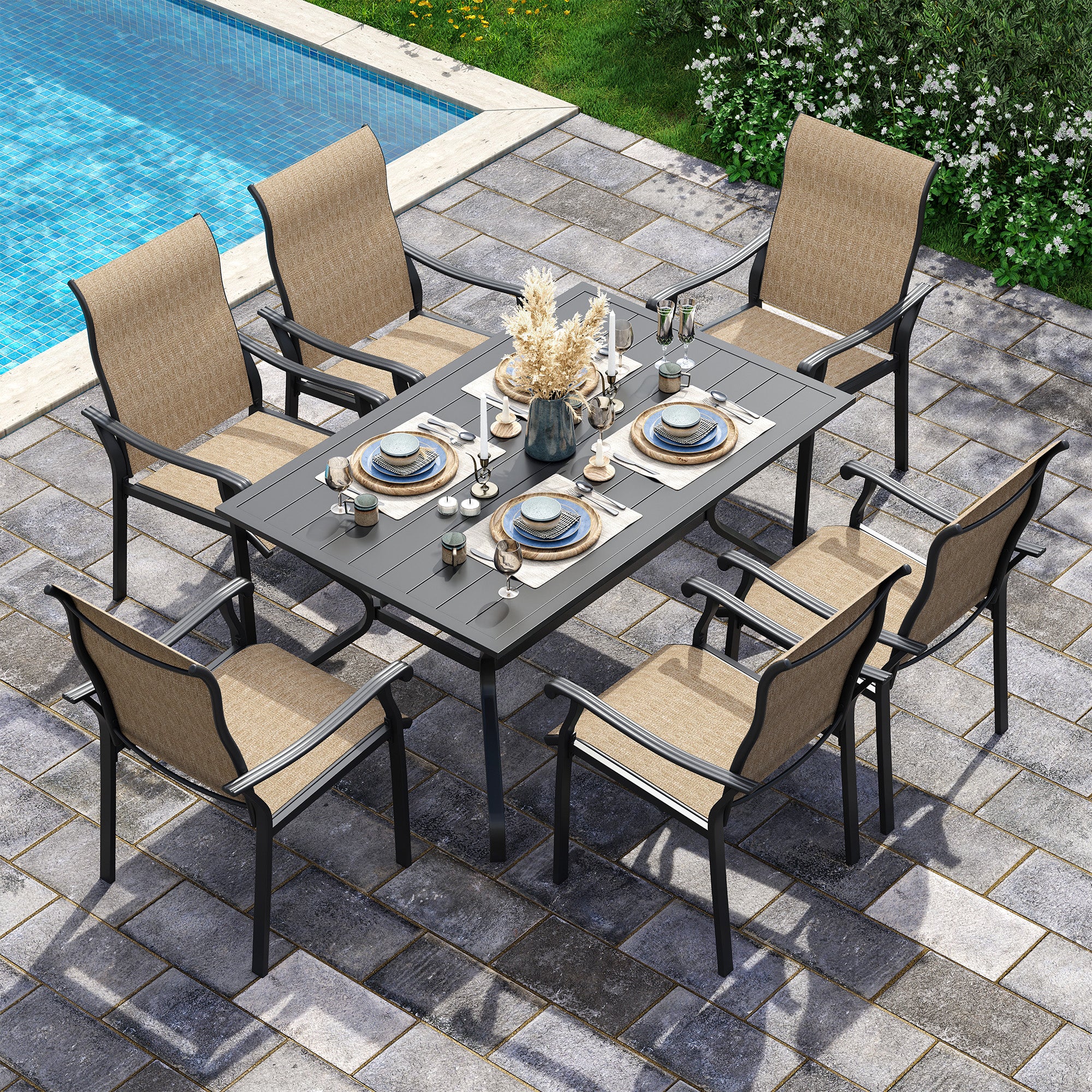 UDPATIO 7 Piece Patio Dining Set for 6, Patio Outdoor Table and Chairs, 59"×38" Black Table with Umbrella Hole, Brown Patio Chairs, Patio Outdoor Dining Set for Lawn, Backyard, Deck