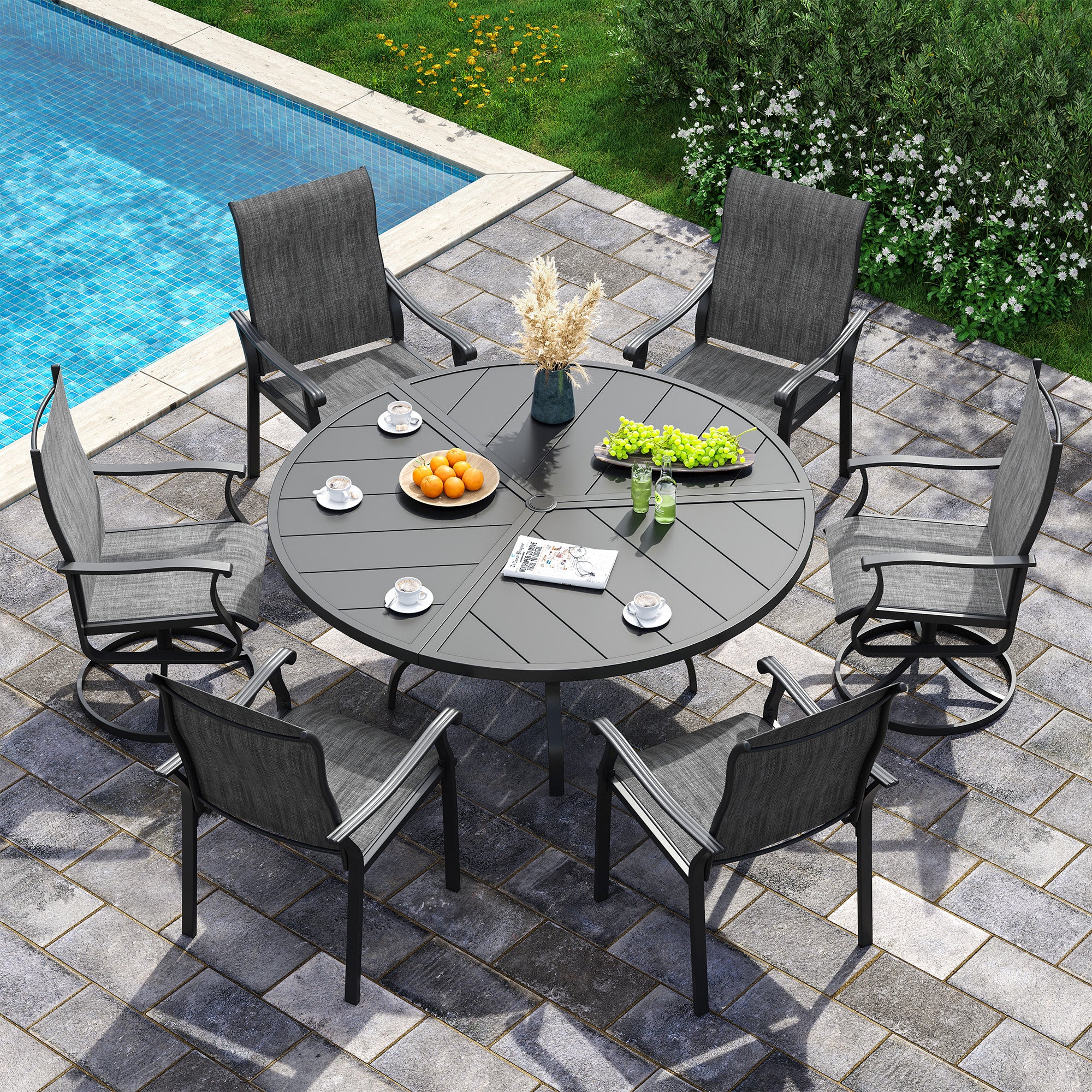 UDPATIO 7 Piece Patio Dining Set for 6, Patio Outdoor Table and Chairs, 51" Black Round Table with Umbrella Hole, Gray Patio Chairs, Patio Dining Set Outdoor Dining Set for Lawn, Backyard, Deck