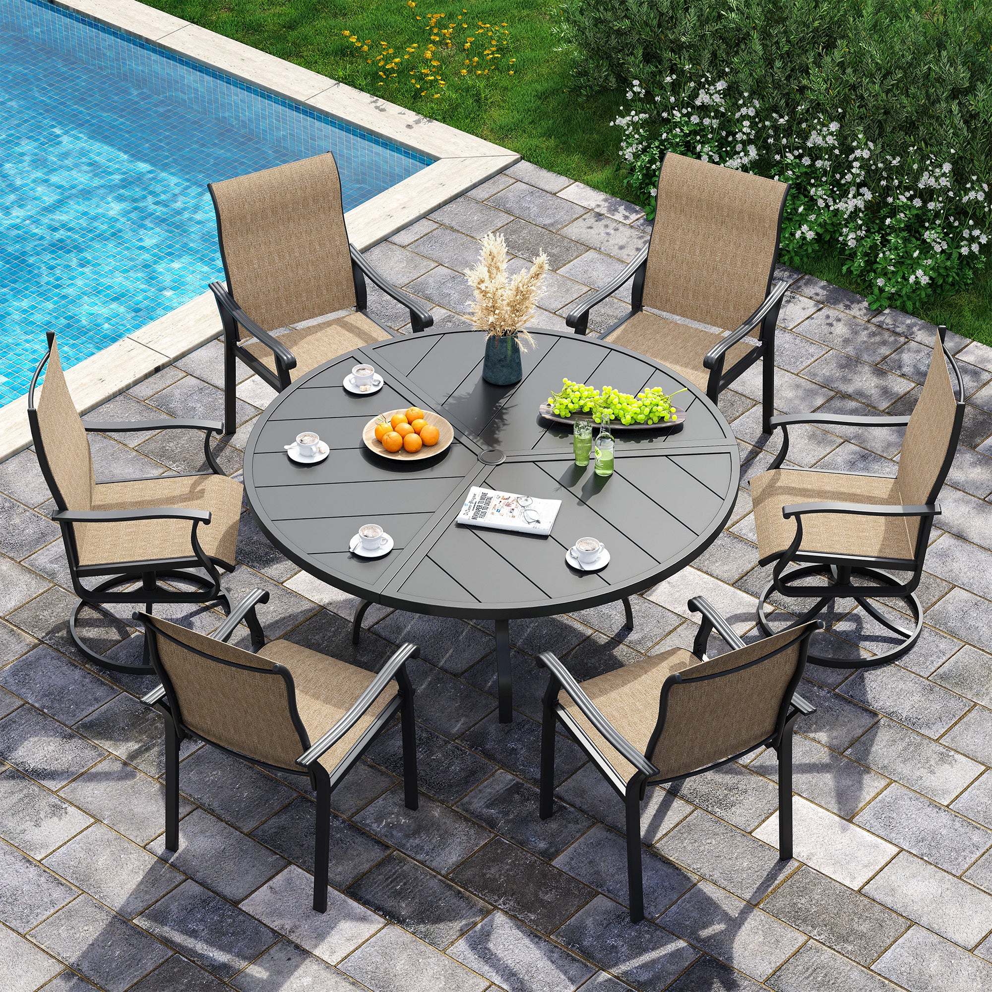 UDPATIO 7 Piece Patio Dining Set for 6, Patio Outdoor Table and Chairs, 51" Black Round Table with Umbrella Hole, Brown Patio Chairs, Patio Dining Set Outdoor Dining Set for Lawn, Backyard, Deck