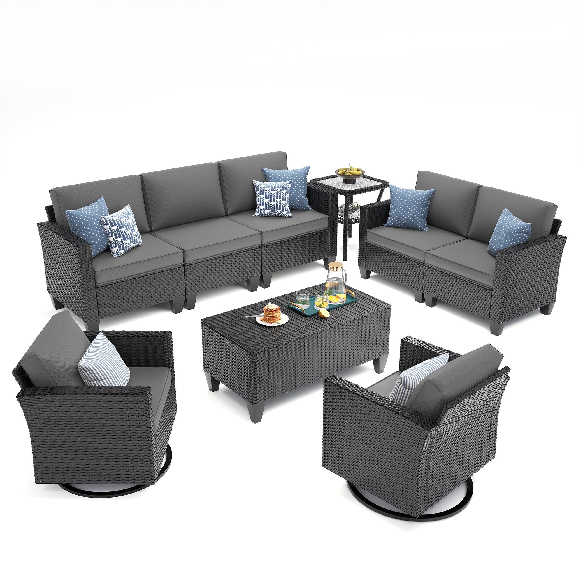 UDPATIO Patio Furniture Set, 6 Pieces Outdoor Furniture Sets with Rocking Swivel Chairs, Wicker Rattan Outdoor Conversation Set with Storage Table and Waterproof Covers for Backyard, Deck, Porch, Grey