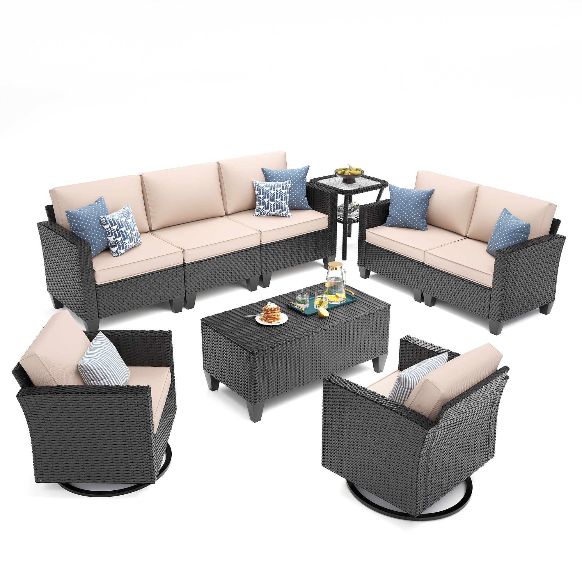 UDPATIO Patio Furniture Set, 6 Pieces Outdoor Furniture Sets with Rocking Swivel Chairs, Wicker Rattan Outdoor Conversation Set with Storage Table and Waterproof Covers for Backyard, Deck, Porch, Khak