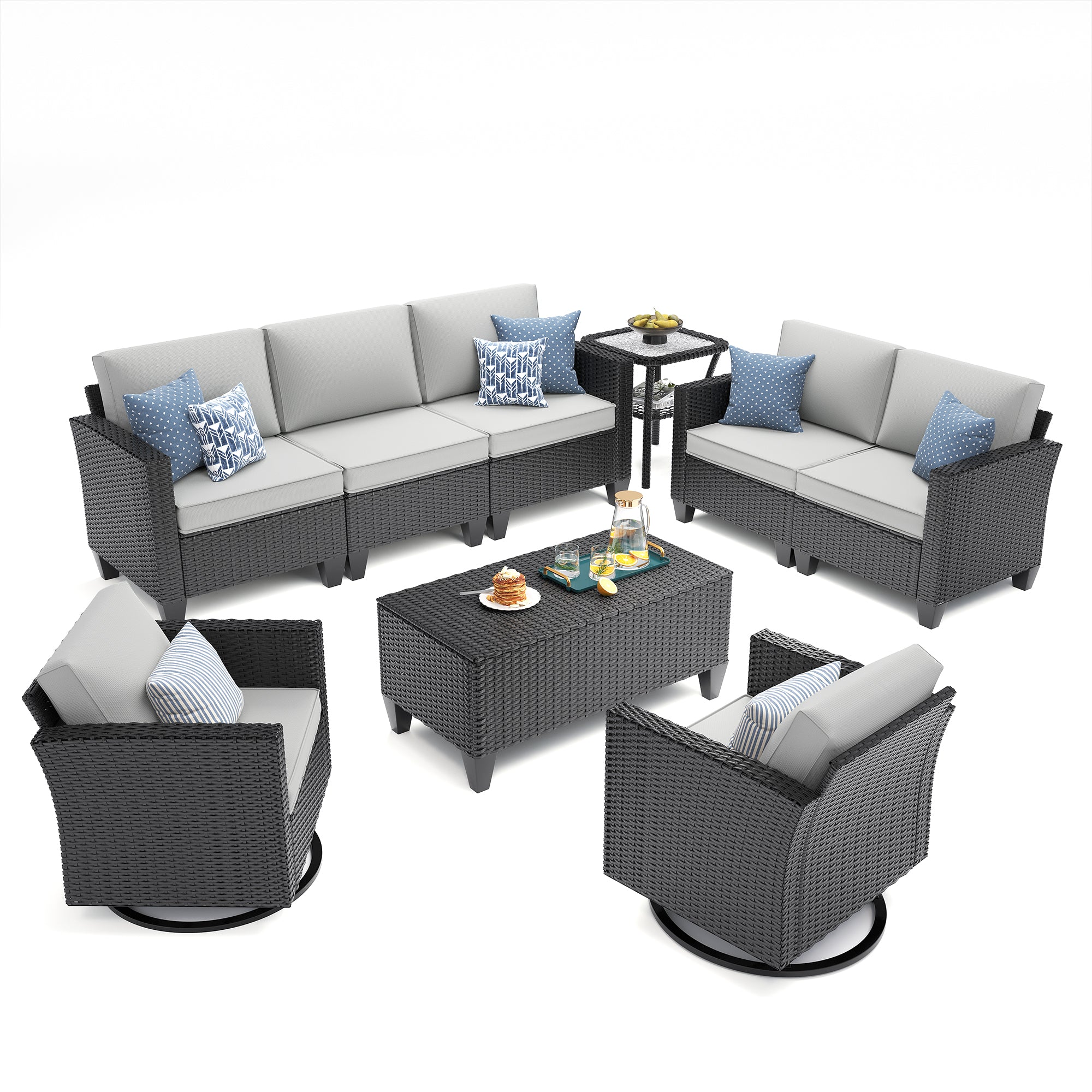 UDPATIO Patio Furniture Set, 6 Pieces Outdoor Furniture Sets with Rocking Swivel Chairs, Wicker Rattan Outdoor Conversation Set with Storage Table and Waterproof Covers for Backyard, Light Grey