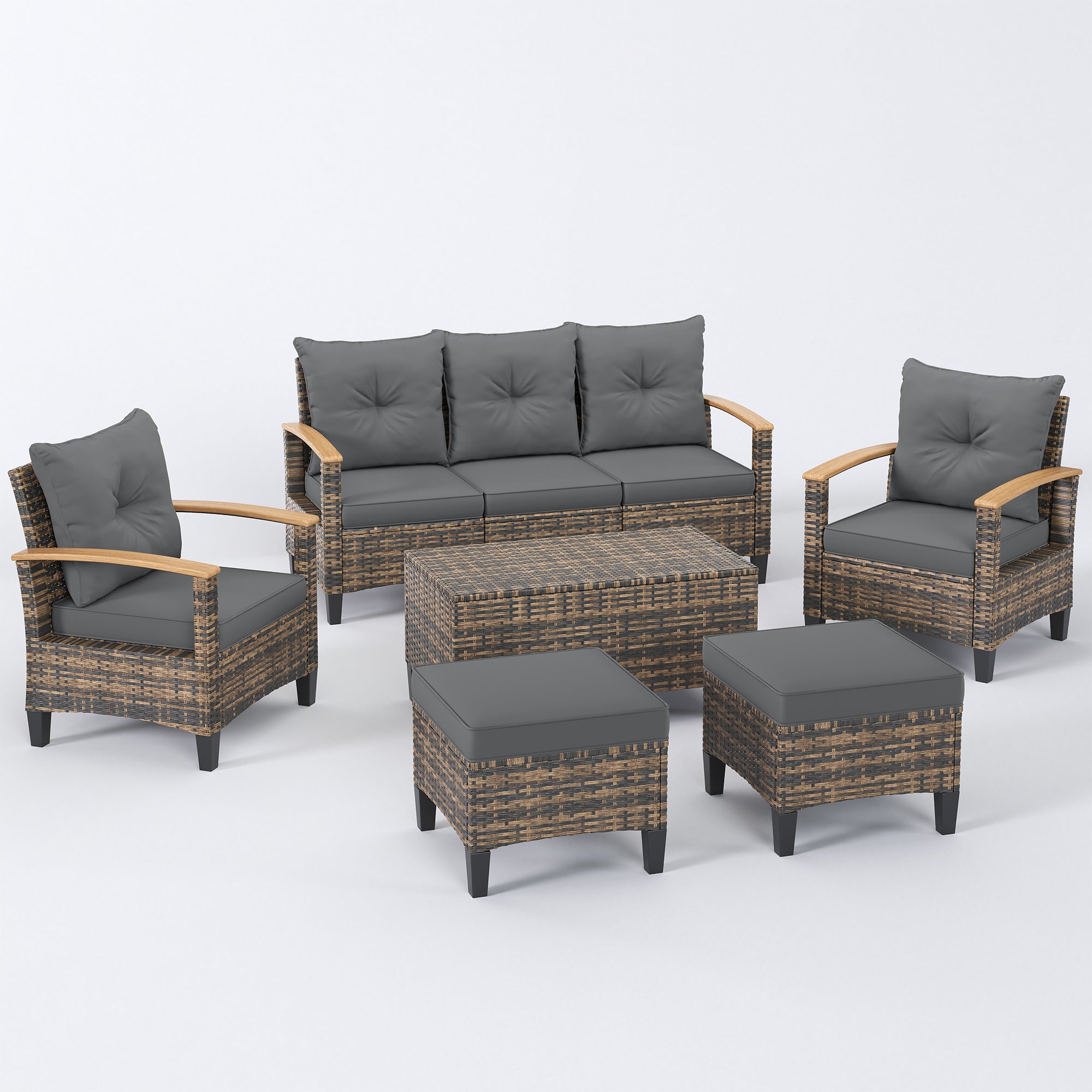 UDPATIO Patio Furniture Set, 6 Pieces Outdoor Wicker Conversation Set with 2 Ottomans & Storage Table for Lawn, Porch, Garden, Backyard, Grey