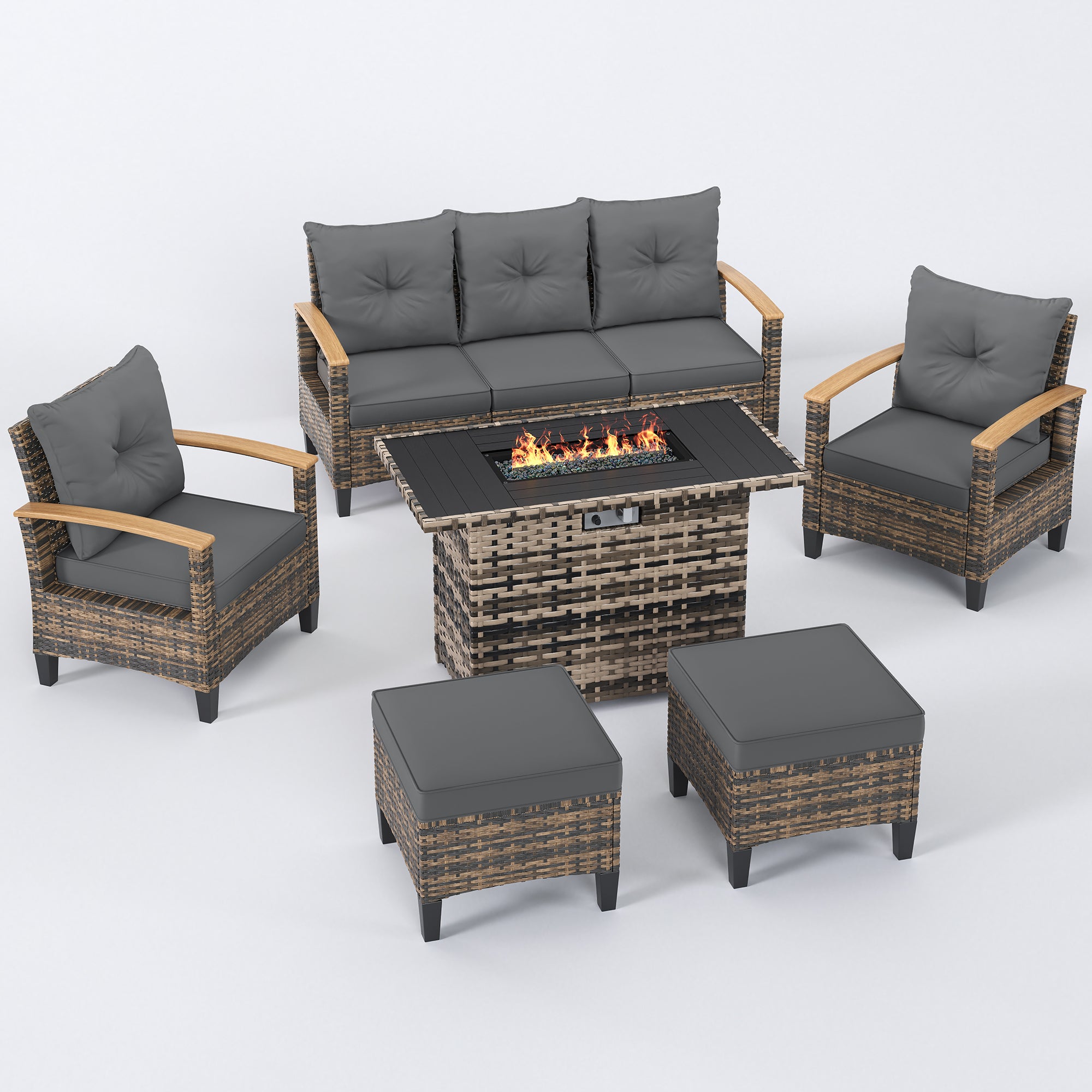UDPATIO Patio Furniture Set with Fire Pit Table, 6 Pieces Outdoor Wicker Conversation Set for Lawn, Porch, Garden, Backyard, Grey