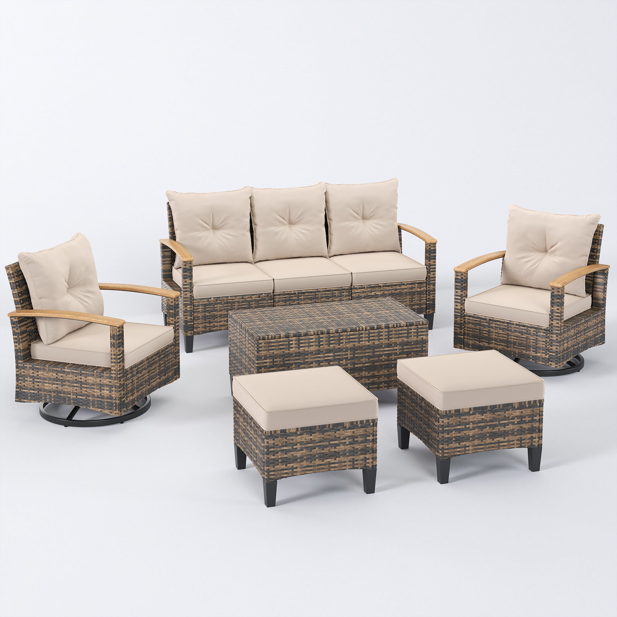 UDPATIO Patio Furniture Set with Swivel Chairs, 6 Pieces Outdoor Wicker Conversation Set with Storage Table for Lawn, Porch, Garden, Backyard, Khaki