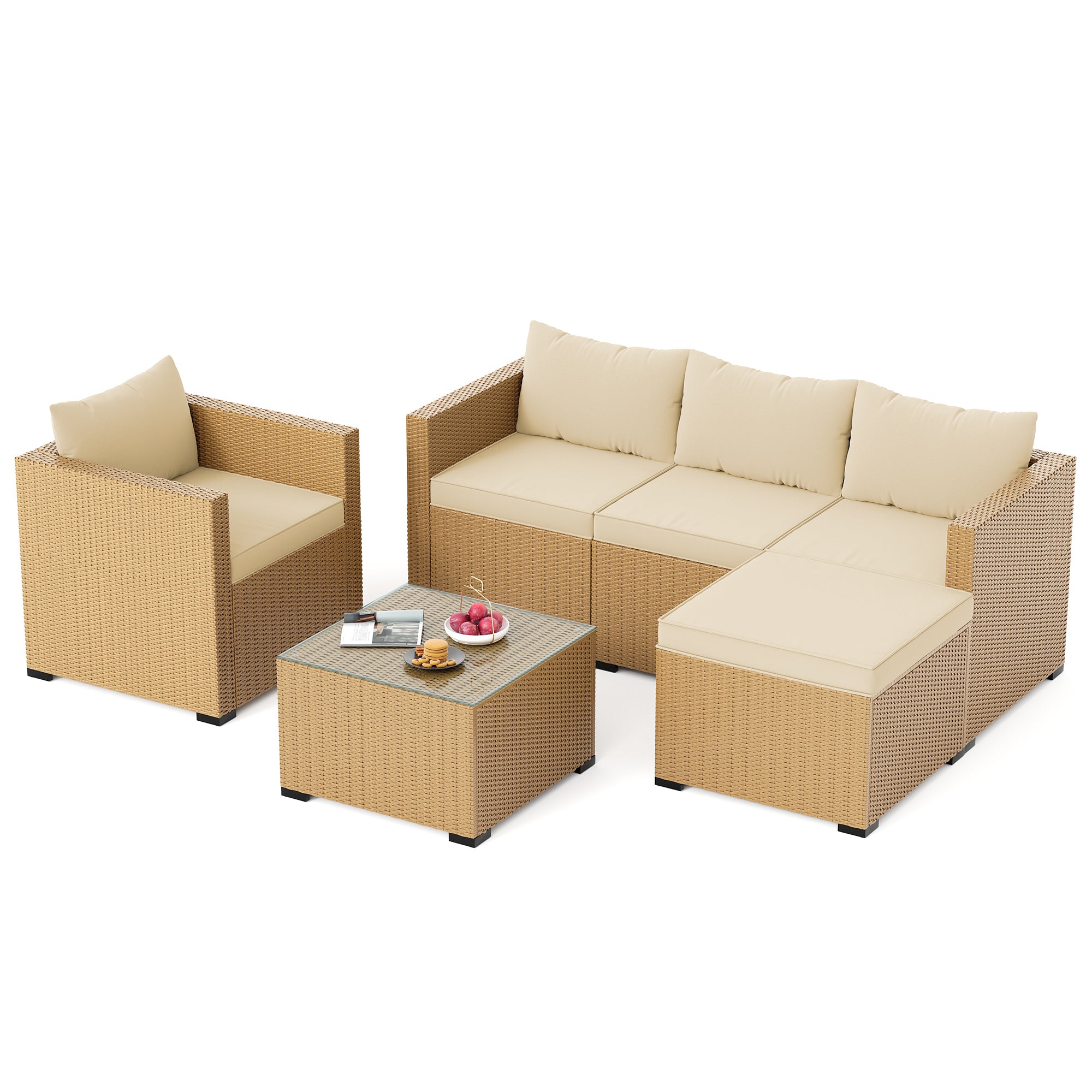 UDPATIO 6 Piece L Shaped Outdoor Couch, Patio Furniture Set, Beige