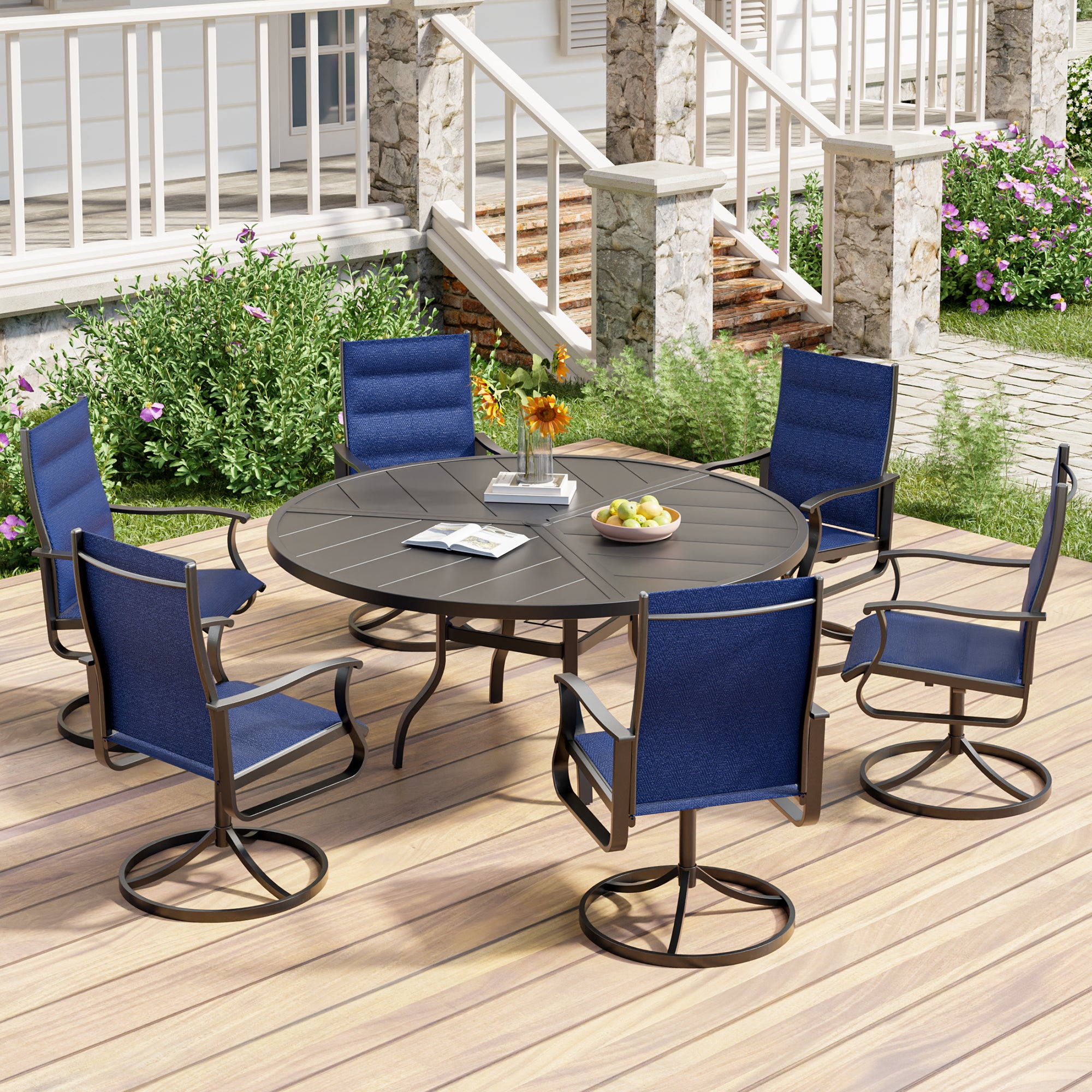 UDPATIO Swivel Patio Chairs Set of 6, Outdoor Swivel Rocker Patio Chairs with High Back, All Weather Textilene & Metal Frame for Backyard, Lawn, Porch, Pooside or Garden, Navy Blue - Padded