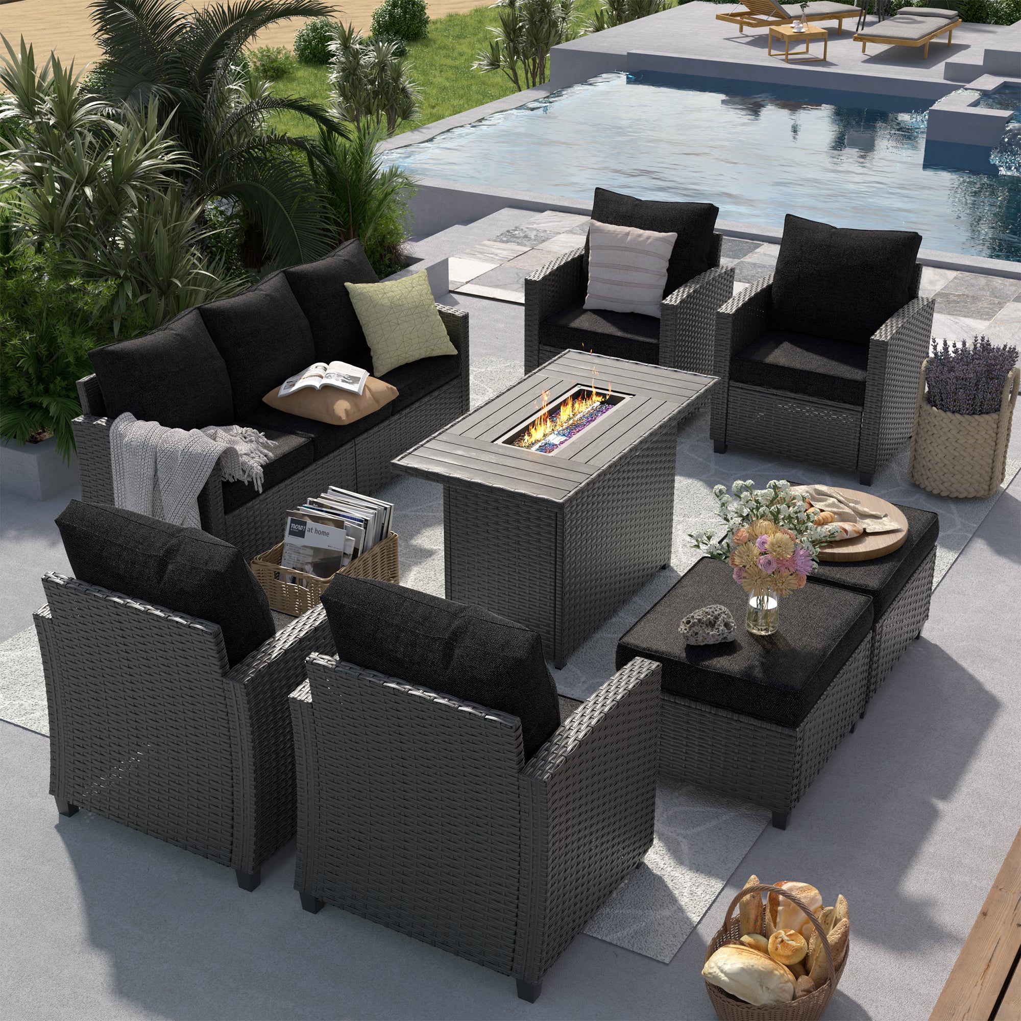 UDPATIO Patio Furniture Set with 44" Fire Pit Table, 8 Pieces Outdoor Sectional Conversation Sets, All-Weather Wicker Rattan Sofa Ottoman with 4" Thick Cushion for Garden Backyard Deck, Black