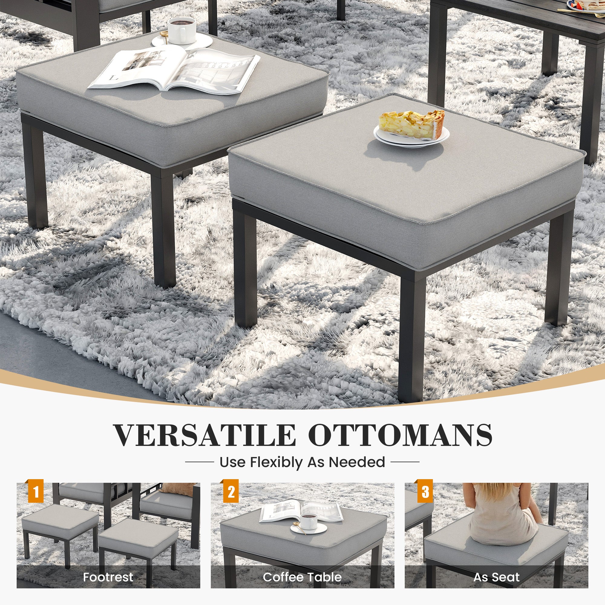 UDPATIO Aluminum Outdoor Furniture Set with 2 Ottomans, 7 Pieces All-Weather & UV-Resistant Patio Sectional Sofa Set for Deck, Backyard, Poolside, Light Gray