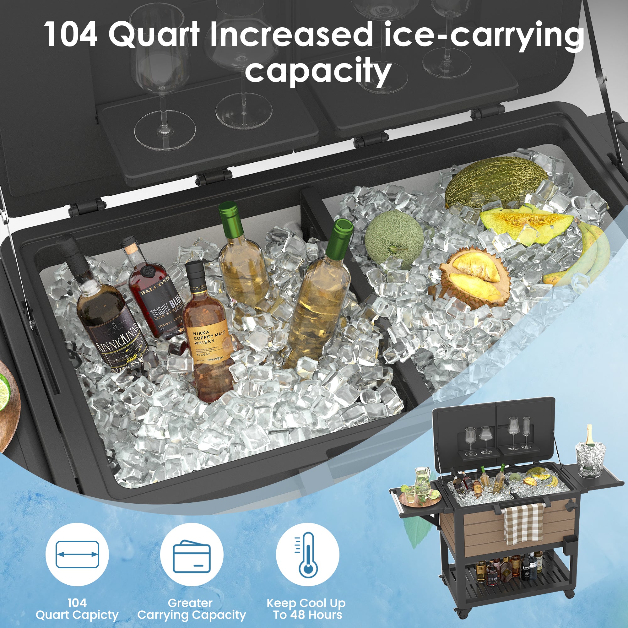 Patio Cooler Cart with Wheels, 104 Qt Portable Rolling Ice Chest, Outdoor Beverage Bar Cart with Handles for Pool, Deck, BBQ, Cookouts Party-Brown