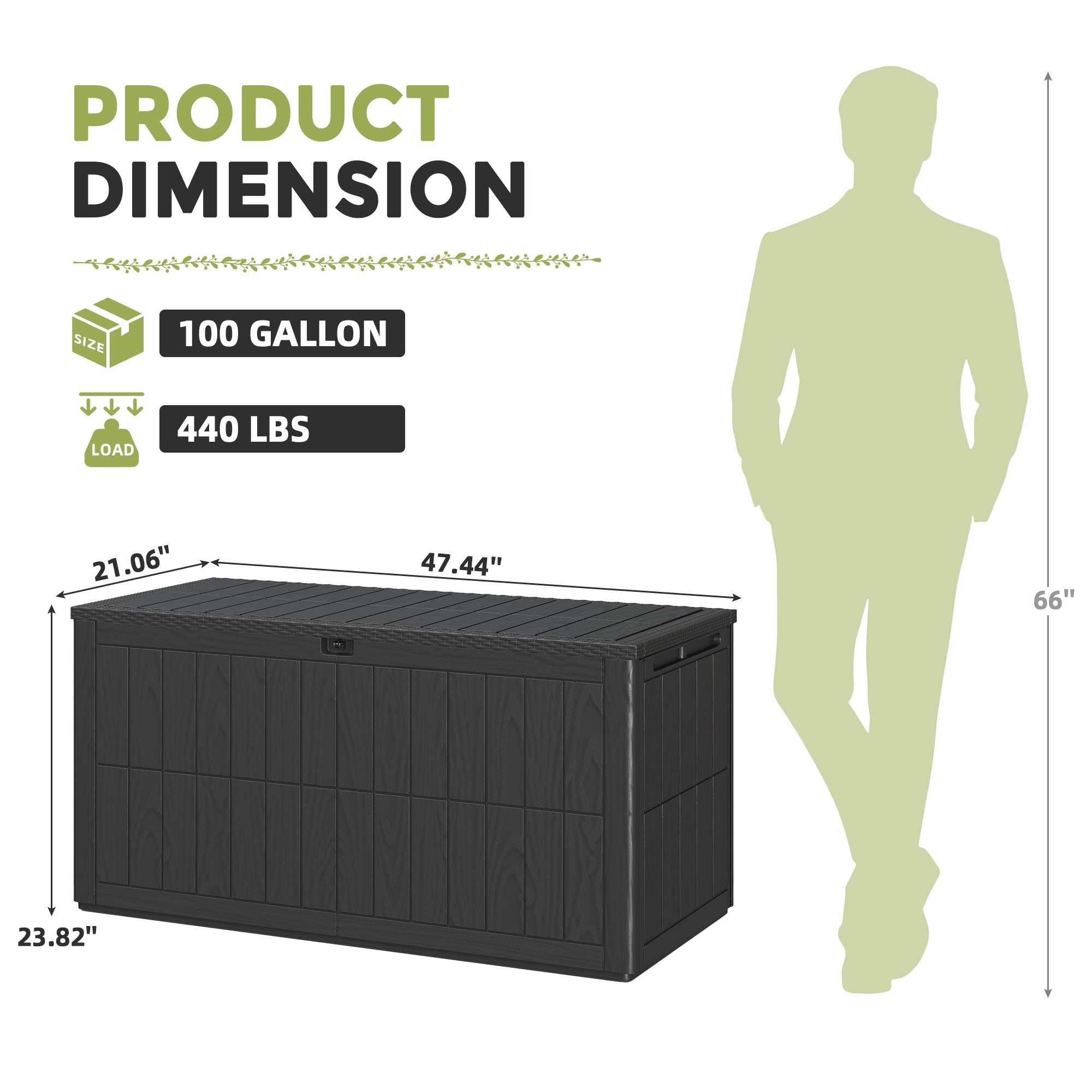 UDPATIO 100 Gallon Deck Box, Outdoor Storage Box Lockable Waterproof Resin, Indoor Outdoor Storage Container for Patio Cushions, Garden Tools, Pool Accessories, Package Delivery Boxes for outside