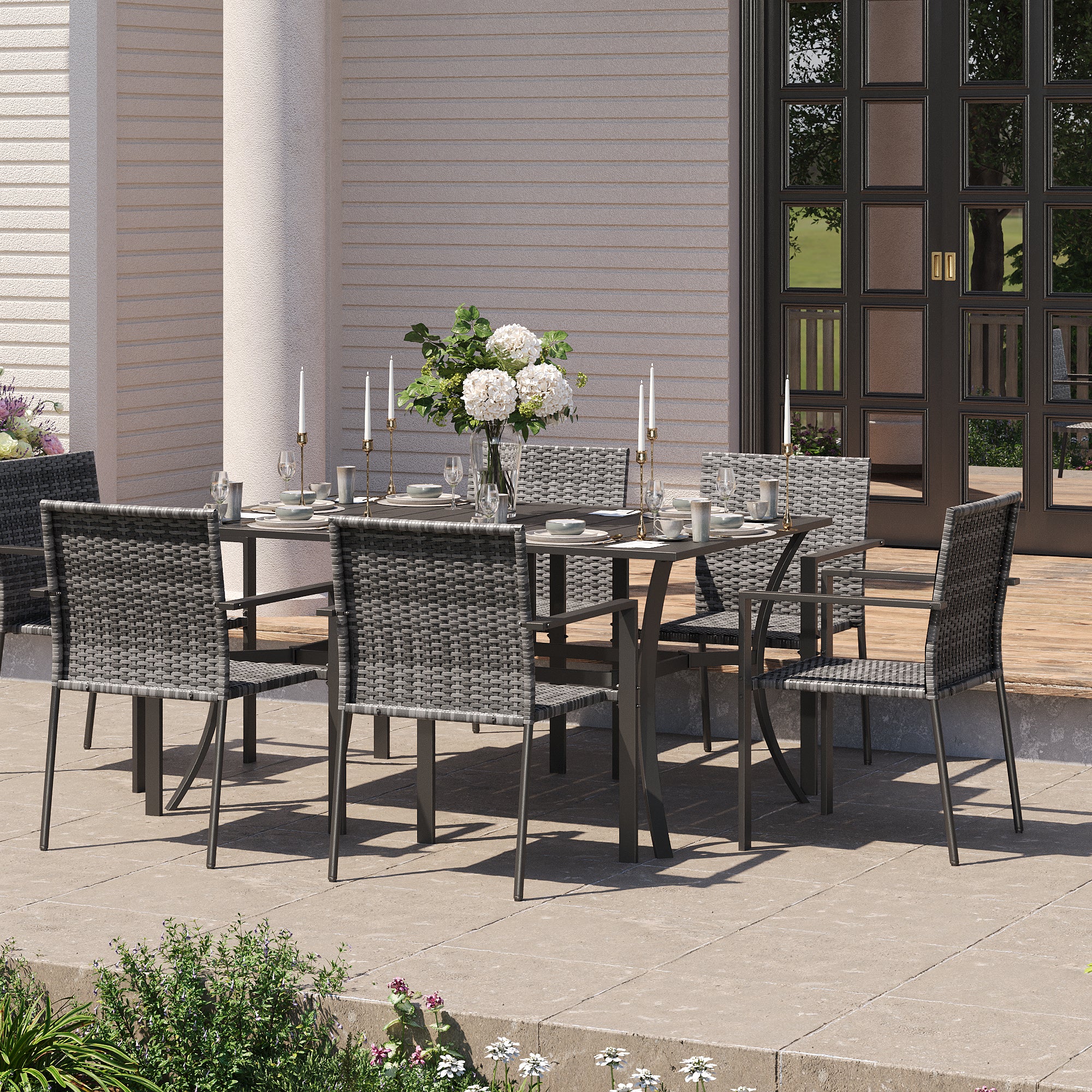 UDPATIO Stackable Patio Chairs Set of 6, Wicker Outdoor Chairs, All-Weather Rattan Dining Chairs with Deep Seat & Armrests, Steel Frame for Patio, Garden, Backyard, Deck, Lawn or Porch, Gray