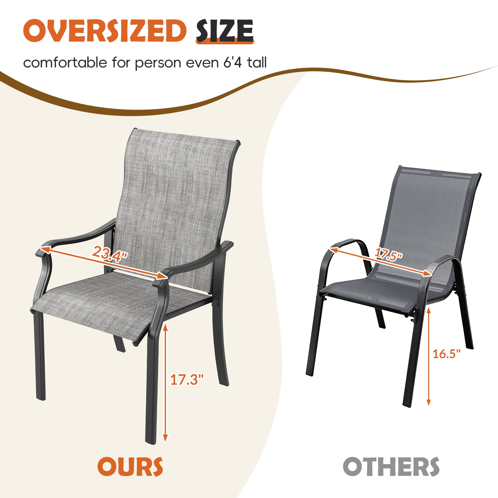 UDPATIO Patio Dining Chairs Set of 2, High Back Wide Seat Outdoor Furniture Chairs with All Weather Breathable Textilene, for Lawn Garden Backyard Deck, Grey White