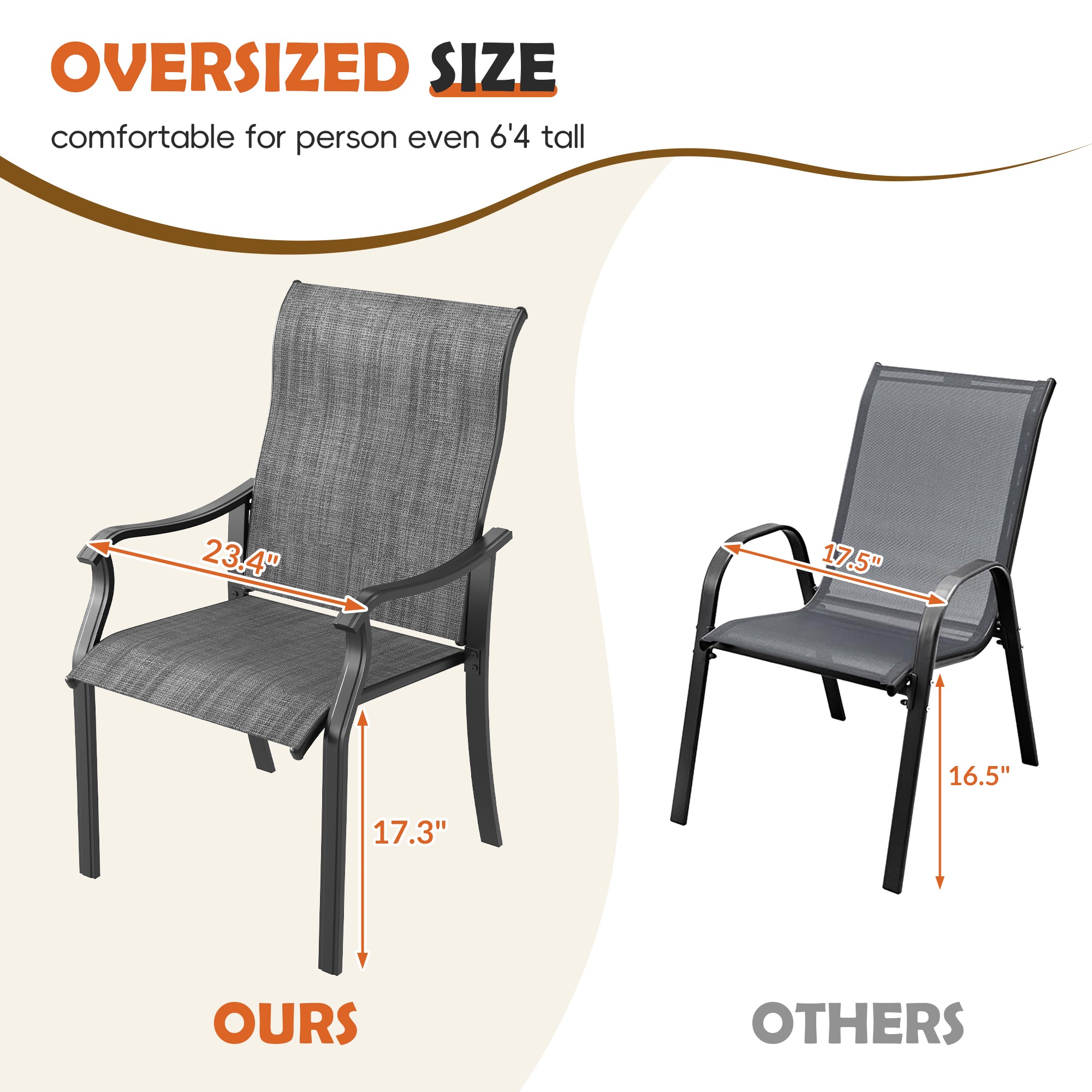 UDPATIO Patio Dining Chairs Set of 6, High Back Wide Seat Outdoor Furniture Chairs with All Weather Breathable Textilene, for Lawn Garden Backyard, Dark Grey