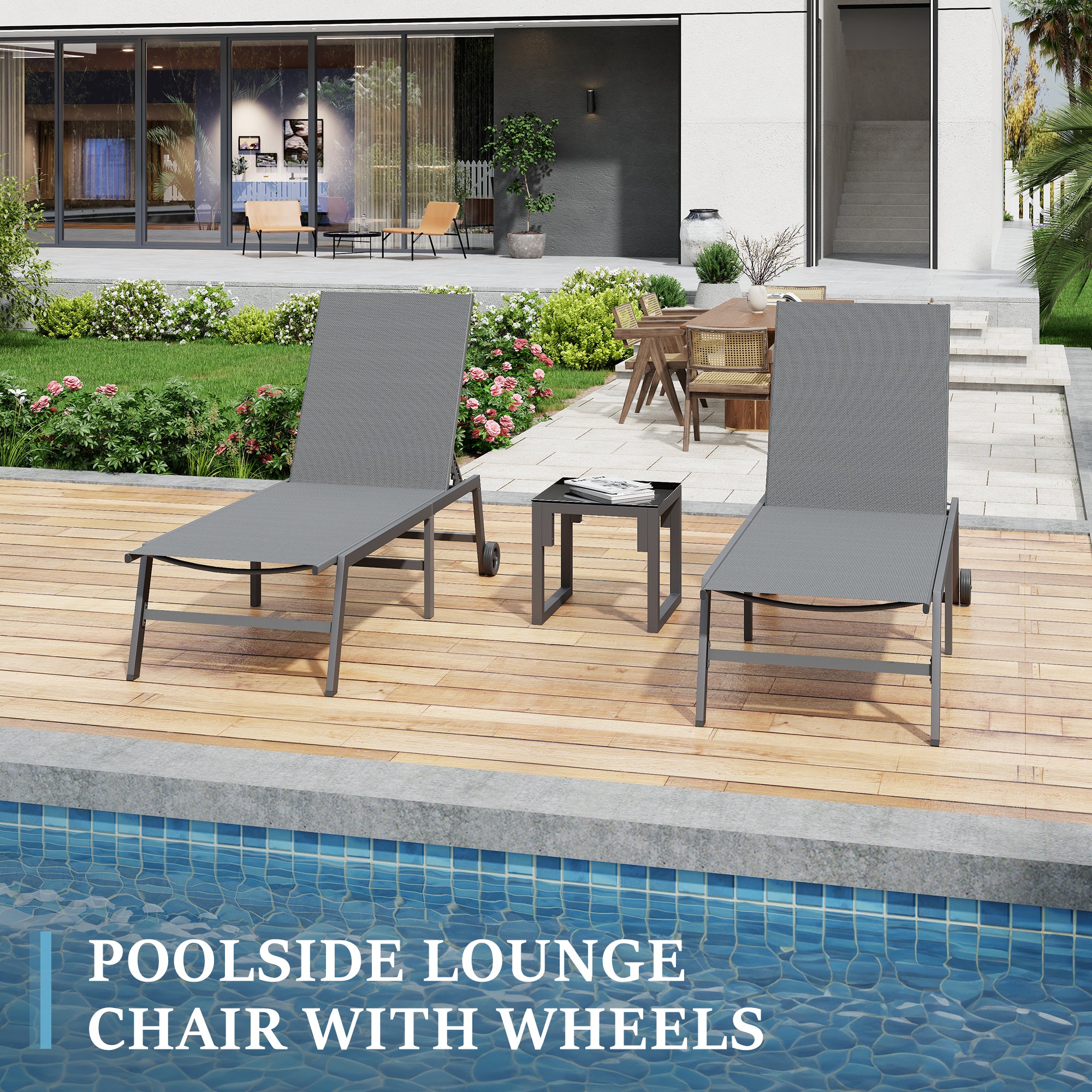 Outdoor Chaise Lounge Chair Set of 2 with Table Pool Lounge Chairs for Outside, Adjustable Lounger for Poolside Lawn Deck Lay Flat Sunbathing Backrest for Patio, Beach, Yard(Grey)