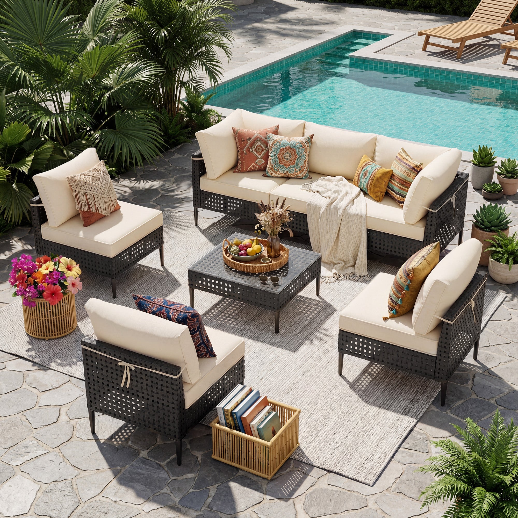 UDPATIO Wicker Patio Furniture Set with Sectional Sofas, All-Weather Cushions and Coffee Table, Bohemian Style and High-Leg Design for Garden, Deck, Poolside (Black/7 Piece)