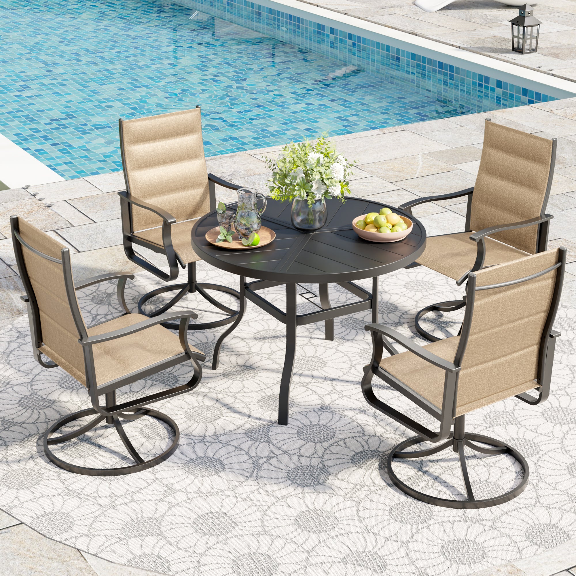 UDPATIO 5 Piece Outdoor Patio Dining Set, Outdoor Table and Chair Set, 39" Round Table with Umbrella Hole & 4 Outdoor Swivel Rocker Dining Chairs, Patio Outside Furniture Set for Lawn, Deck, Yard
